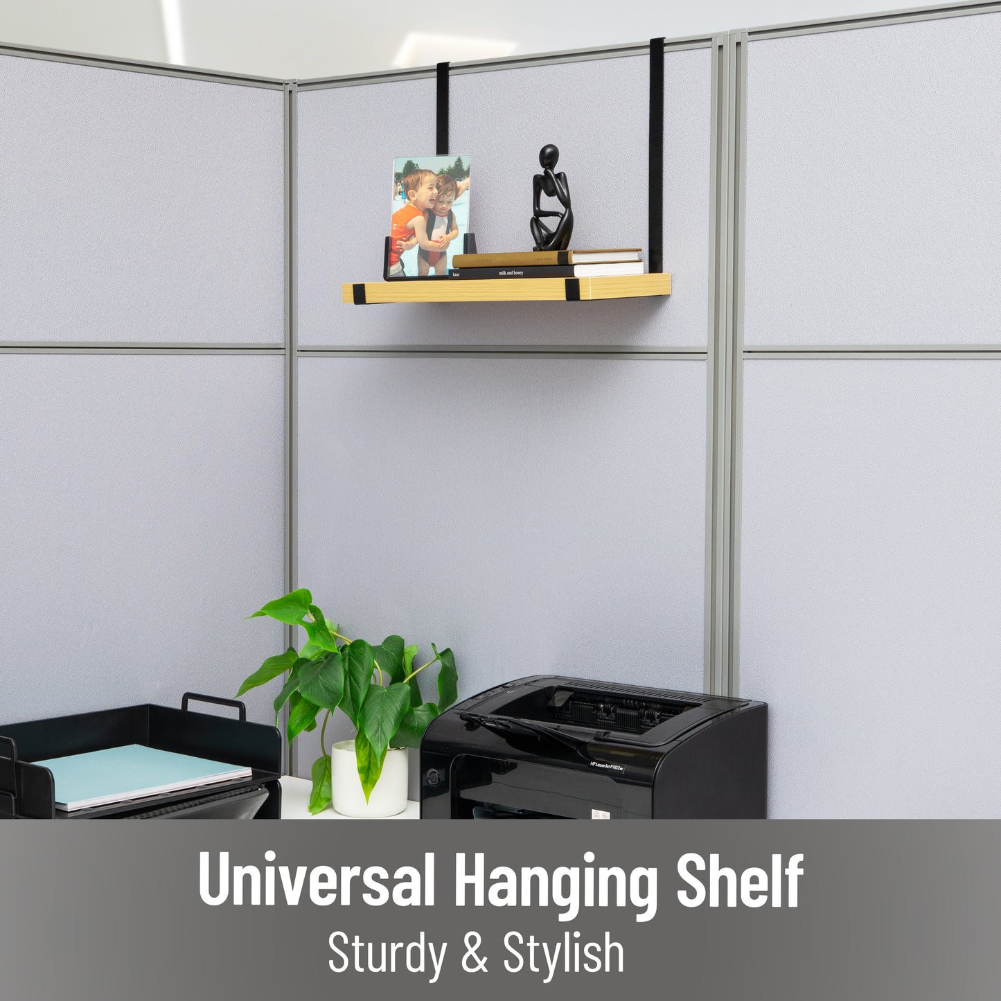 Mind Reader Hanging Cubicle Shelf Organizer, Cubicle Shelf for Office Supplies, Plants, and Decor, Easy to Install, MDF and Metal, 15.75"L x 5.75"W x 11.75"H, Brown