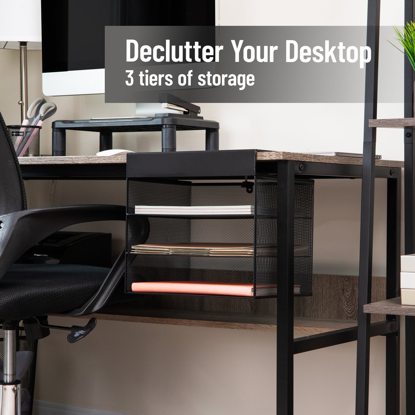 Mind Reader Slide-On Under Desk File Organizer, No Tools Required, Hanging Storage for Laptops, Folders, and Notebooks, Metal, Black