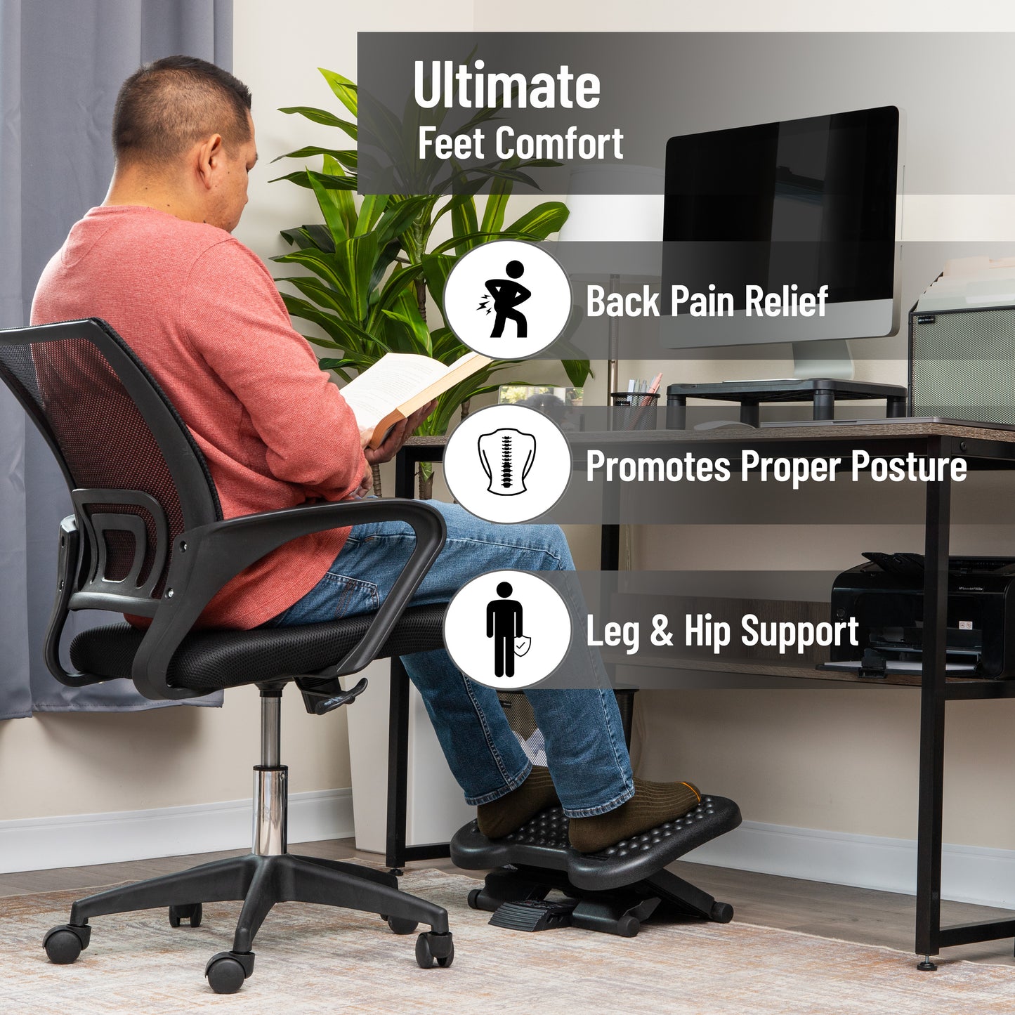 Mind Reader Foot Rest, Under Desk at Work, Ergonomic, Height Adjustable, Office, Plastic, 18"L x 13.5"W x 6.5"H, Black