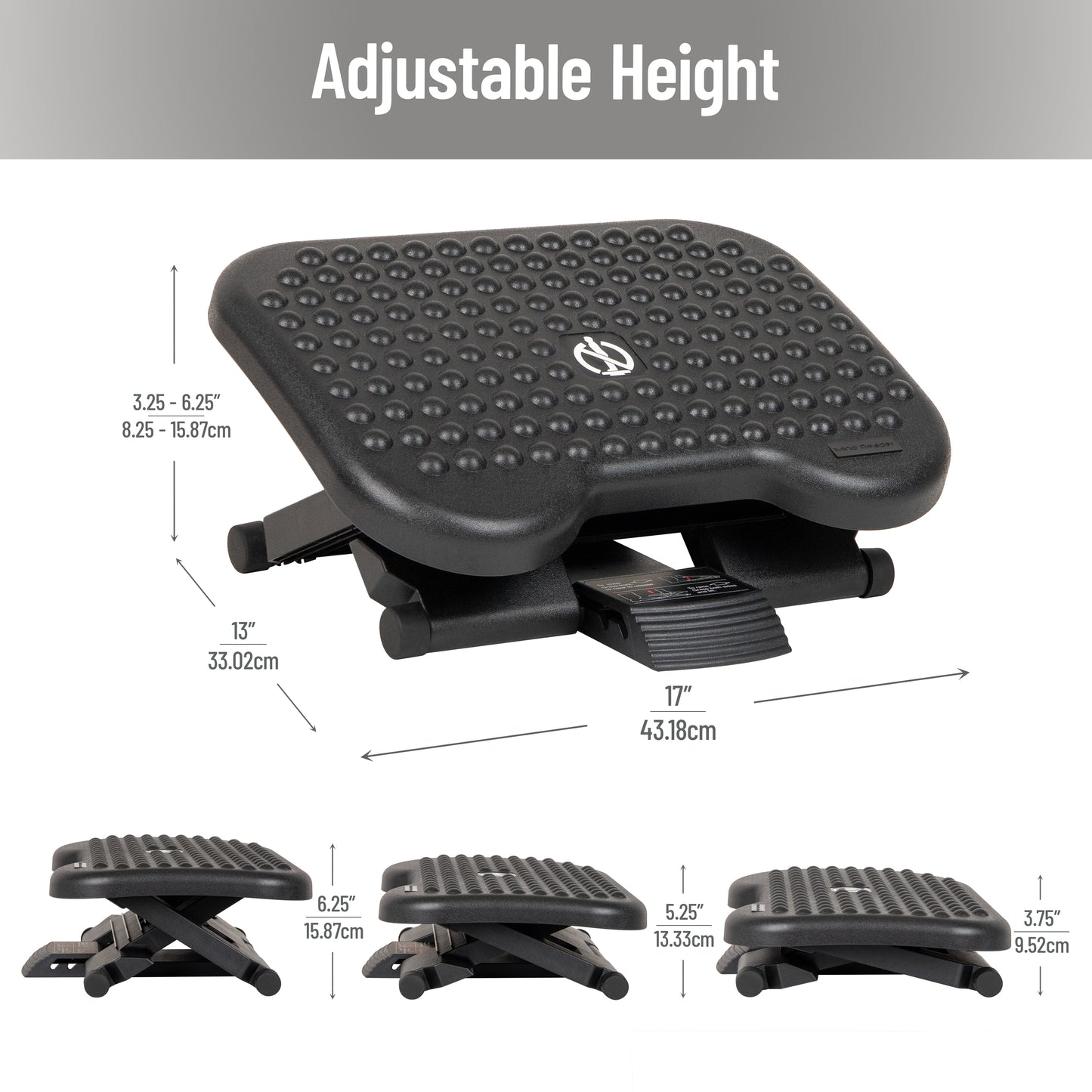 Mind Reader Foot Rest, Under Desk at Work, Ergonomic, Height Adjustable, Office, Plastic, 18"L x 13.5"W x 6.5"H, Black
