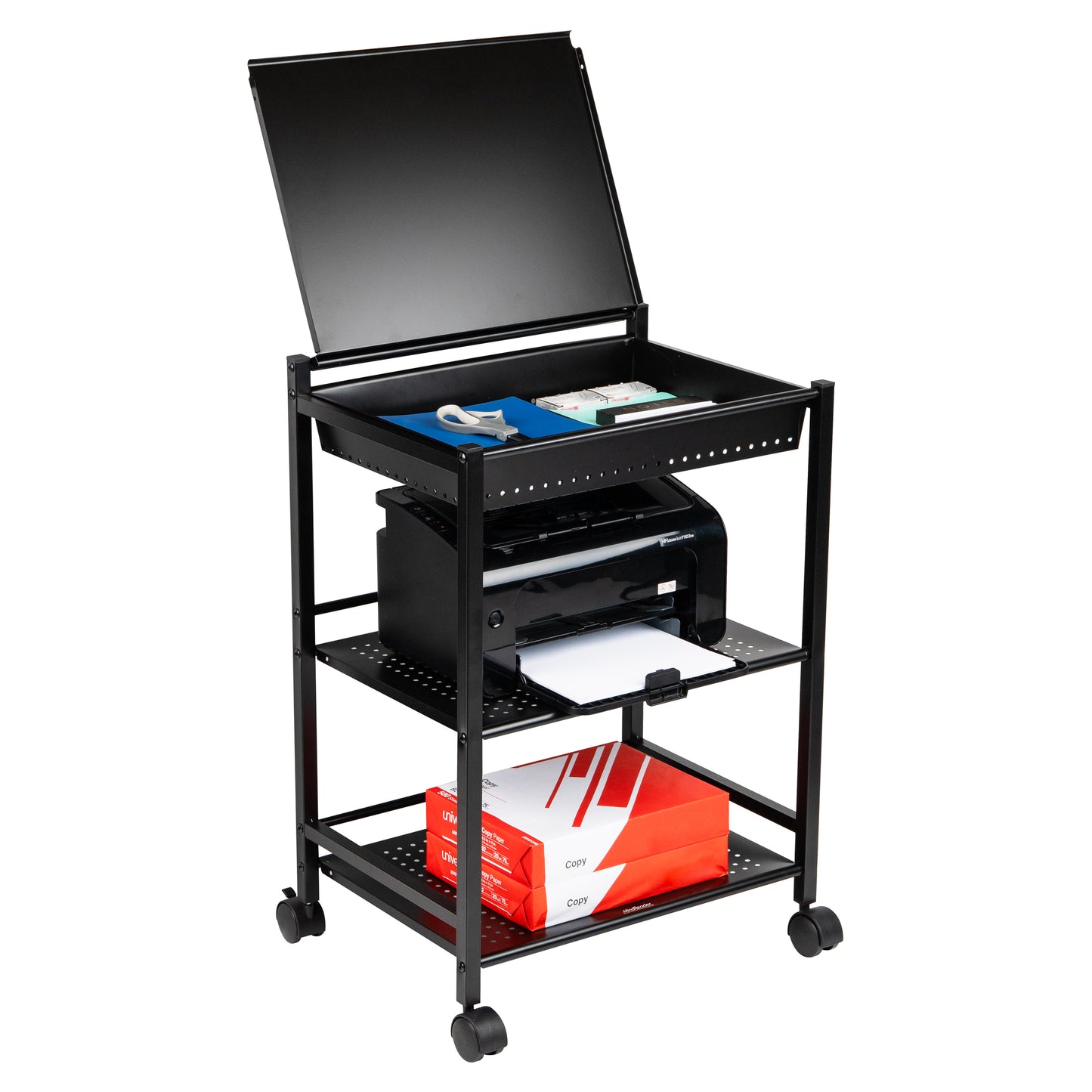 Mind Reader Cart with Covered Compartment, Office Organizer, Storage, 3-Tier, Office, Metal, 20"L x 14.25"W x 28.75"H, Black