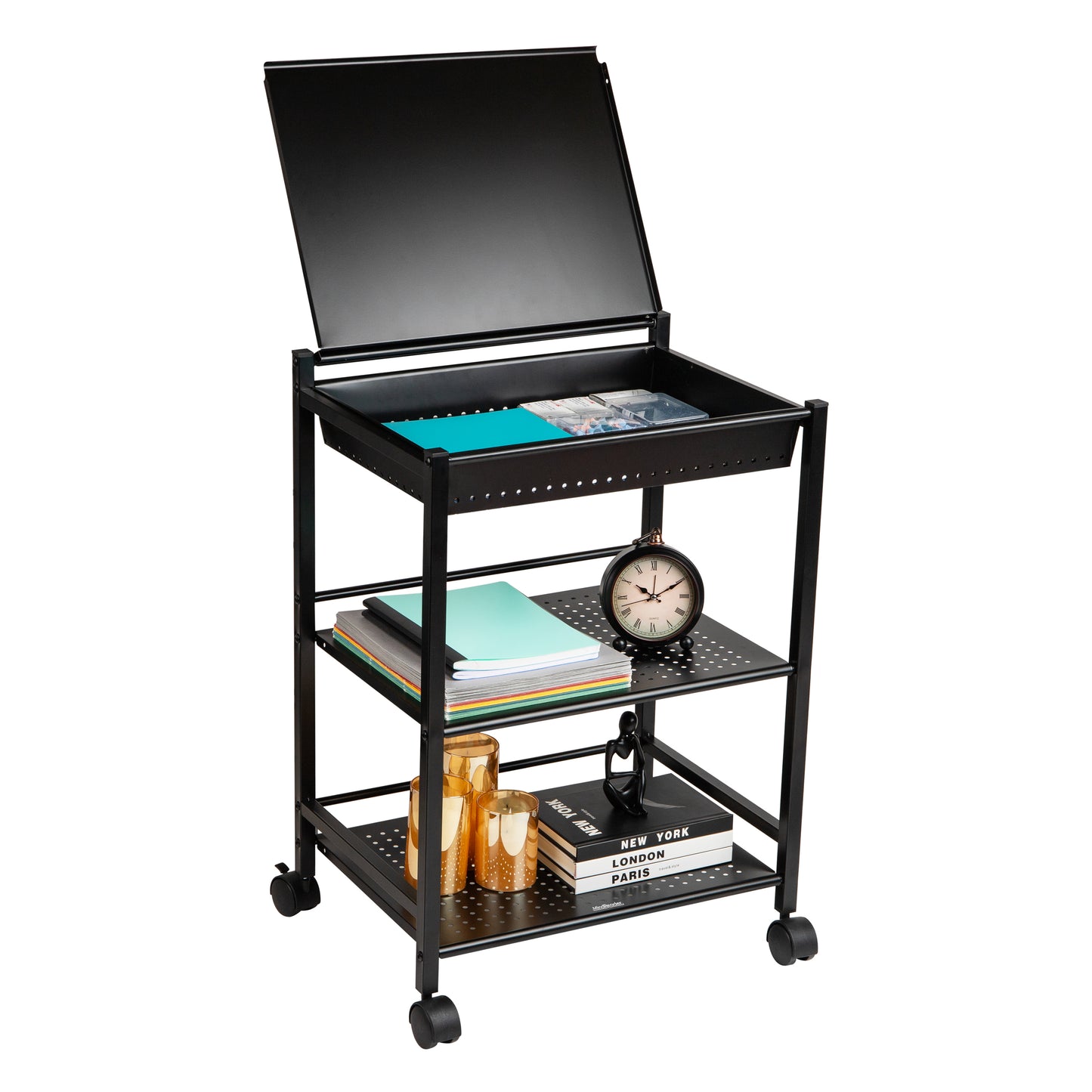 Mind Reader Cart with Covered Compartment, Office Organizer, Storage, 3-Tier, Office, Metal, 20"L x 14.25"W x 28.75"H, Black