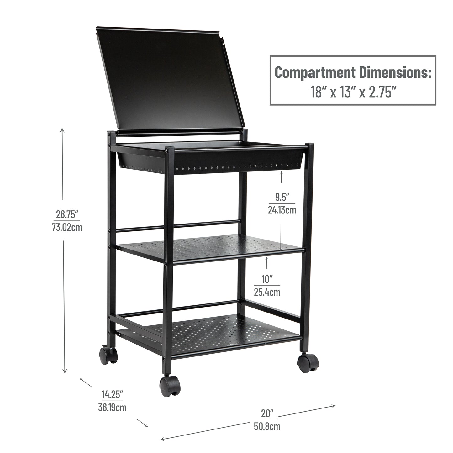Mind Reader Cart with Covered Compartment, Office Organizer, Storage, 3-Tier, Office, Metal, 20"L x 14.25"W x 28.75"H, Black