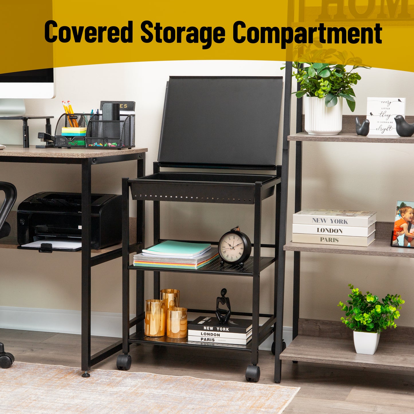 Mind Reader Cart with Covered Compartment, Office Organizer, Storage, 3-Tier, Office, Metal, 20"L x 14.25"W x 28.75"H, Black