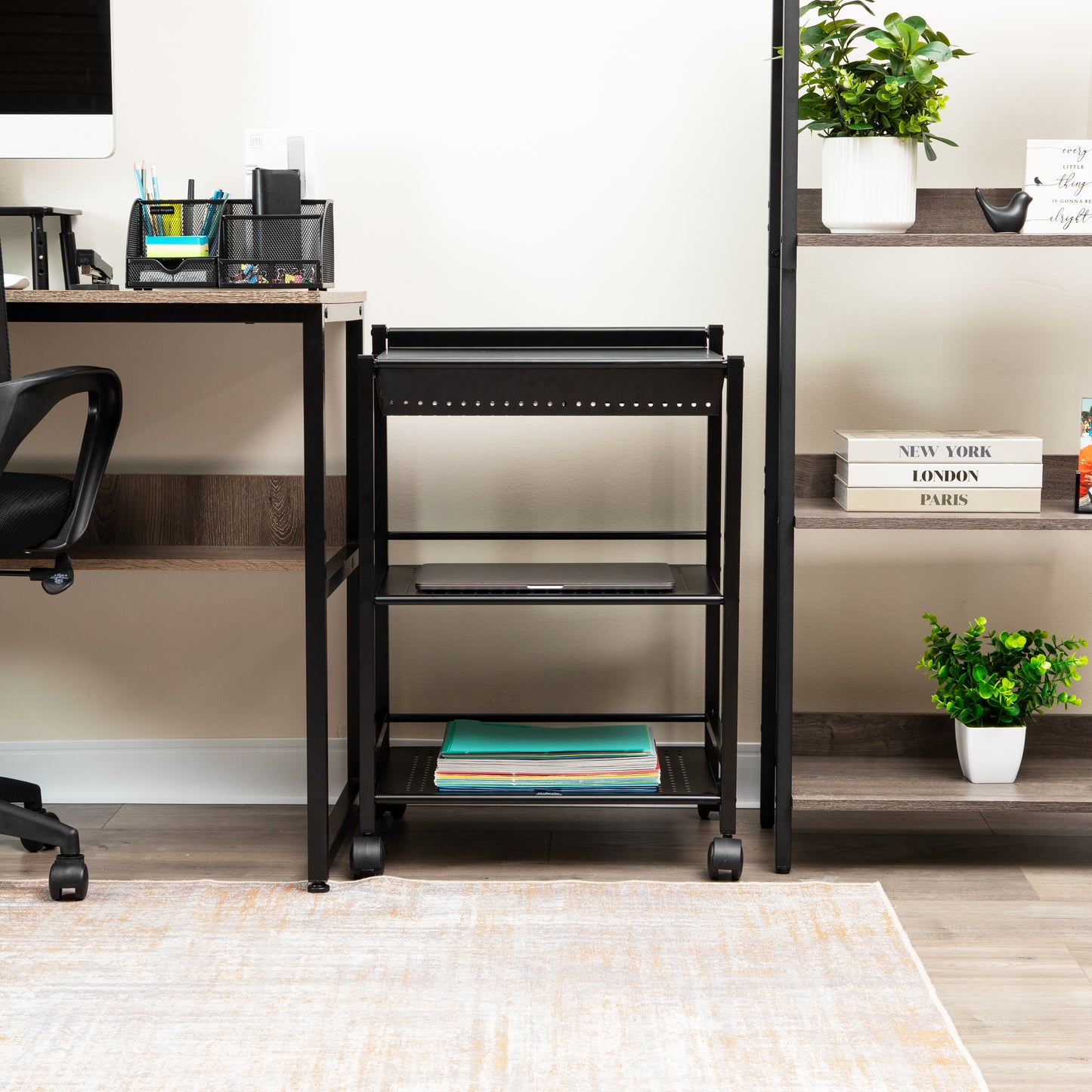 Mind Reader Cart with Covered Compartment, Office Organizer, Storage, 3-Tier, Office, Metal, 20"L x 14.25"W x 28.75"H, Black