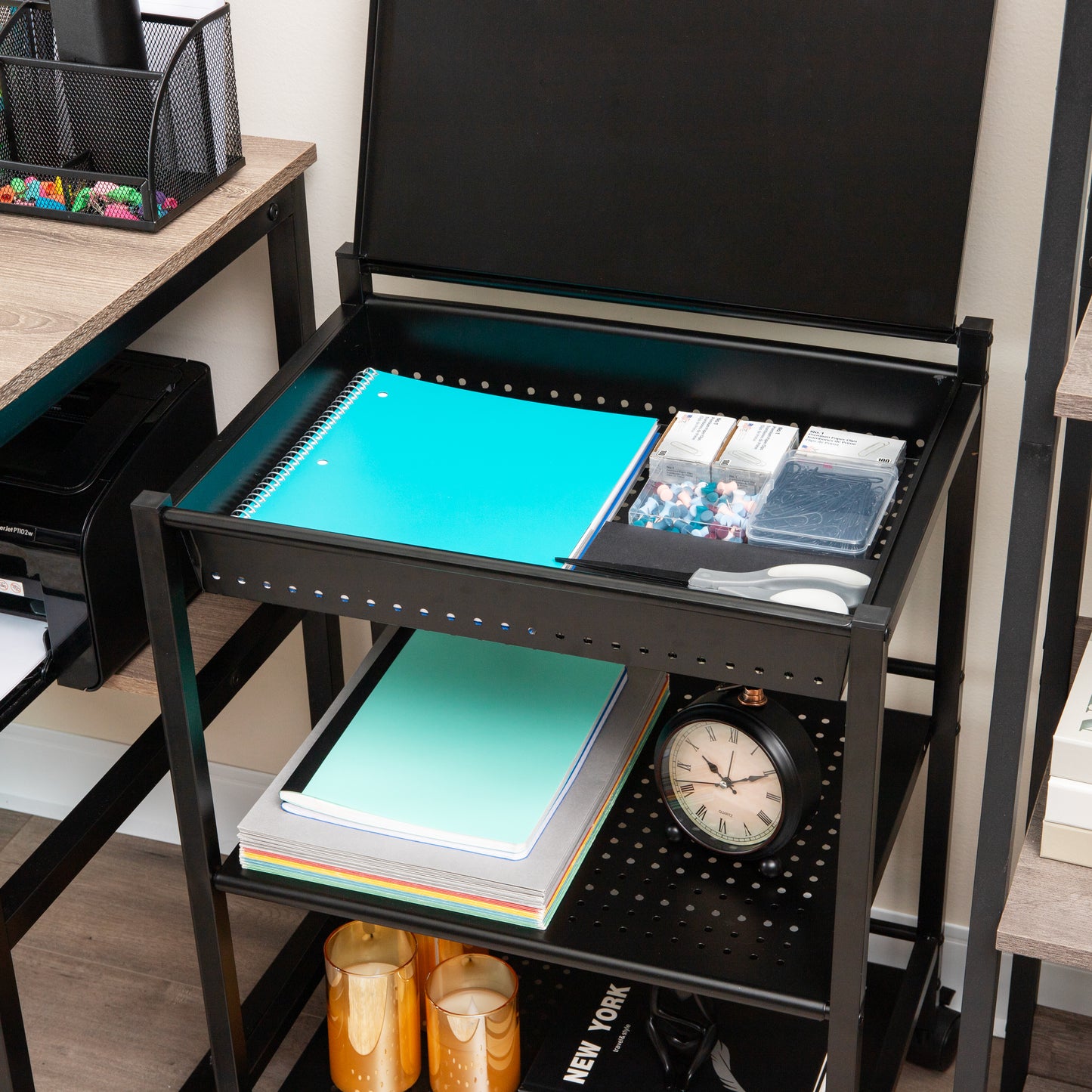 Mind Reader Cart with Covered Compartment, Office Organizer, Storage, 3-Tier, Office, Metal, 20"L x 14.25"W x 28.75"H, Black