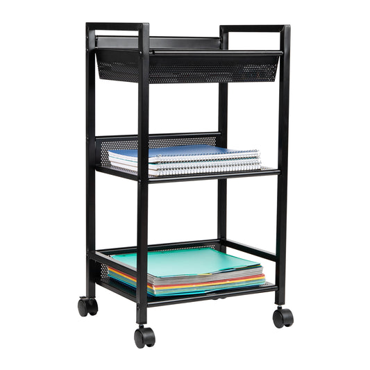 Mind Reader Cart with Covered Compartment, Office Organizer, Storage, 3-Tier, Office, Metal, 15.5"L x 11"W x 28.25"H, Black