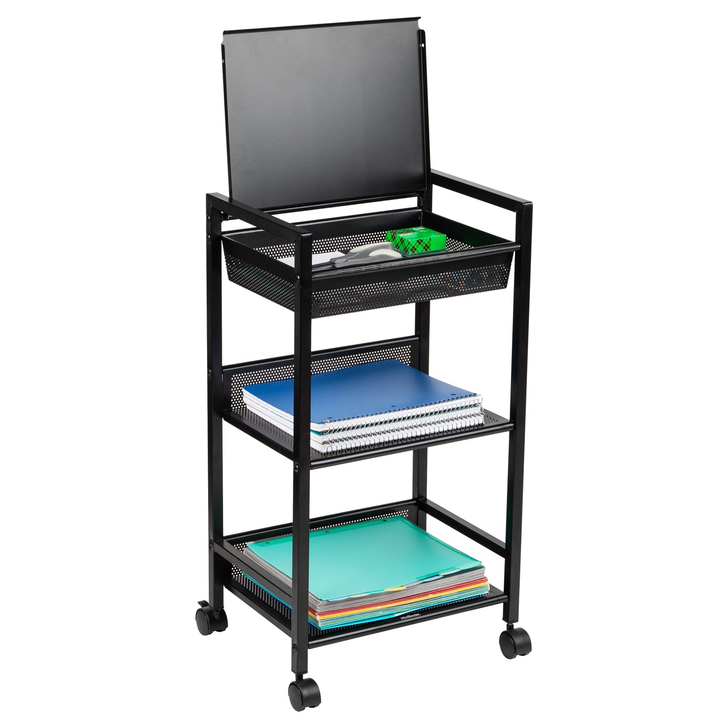Mind Reader Cart with Covered Compartment, Office Organizer, Storage, 3-Tier, Office, Metal, 15.5"L x 11"W x 28.25"H, Black