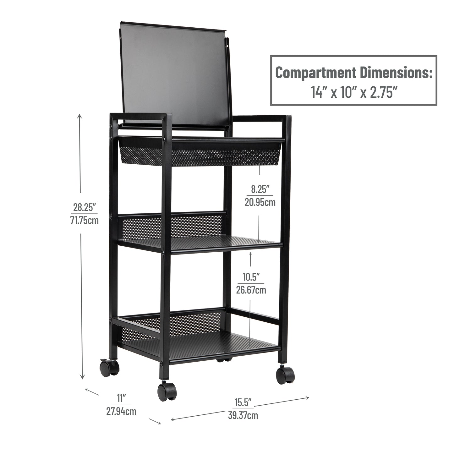 Mind Reader Cart with Covered Compartment, Office Organizer, Storage, 3-Tier, Office, Metal, 15.5"L x 11"W x 28.25"H, Black