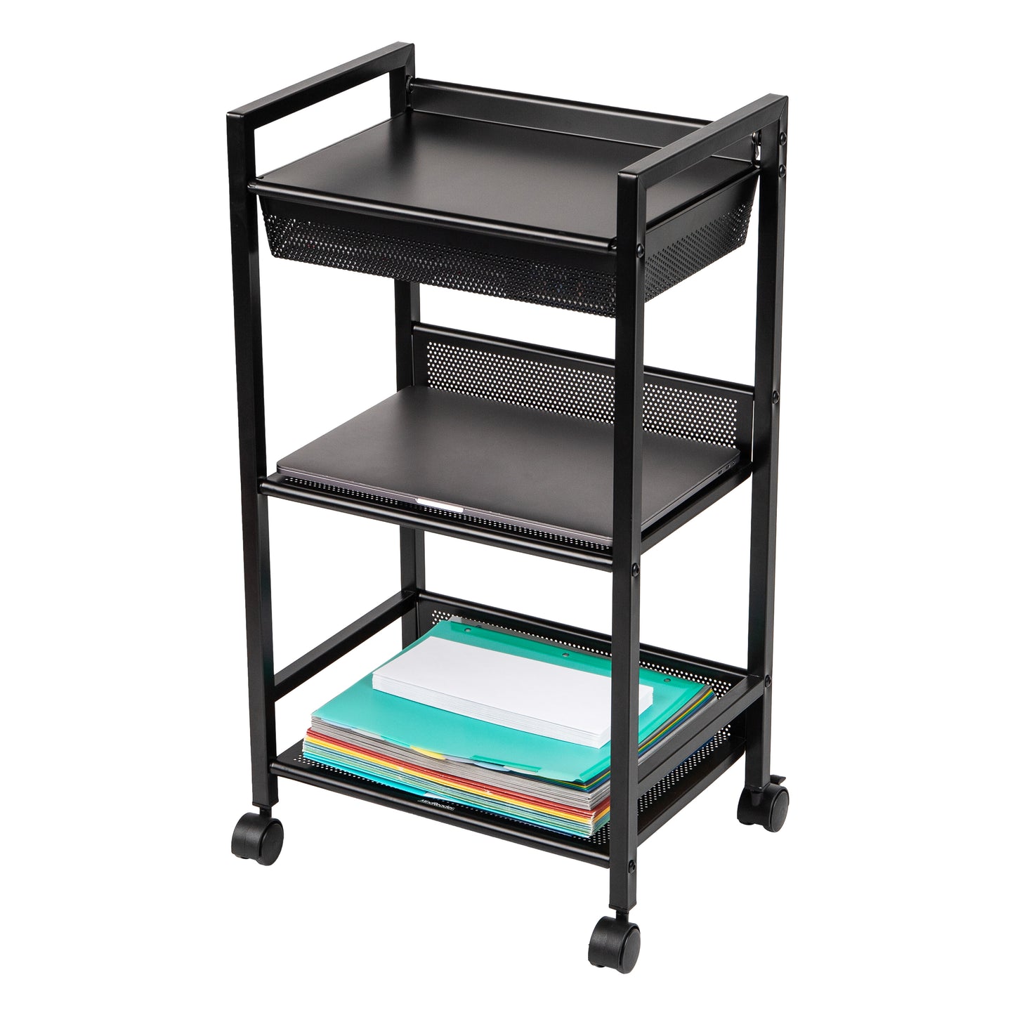 Mind Reader Cart with Covered Compartment, Office Organizer, Storage, 3-Tier, Office, Metal, 15.5"L x 11"W x 28.25"H, Black