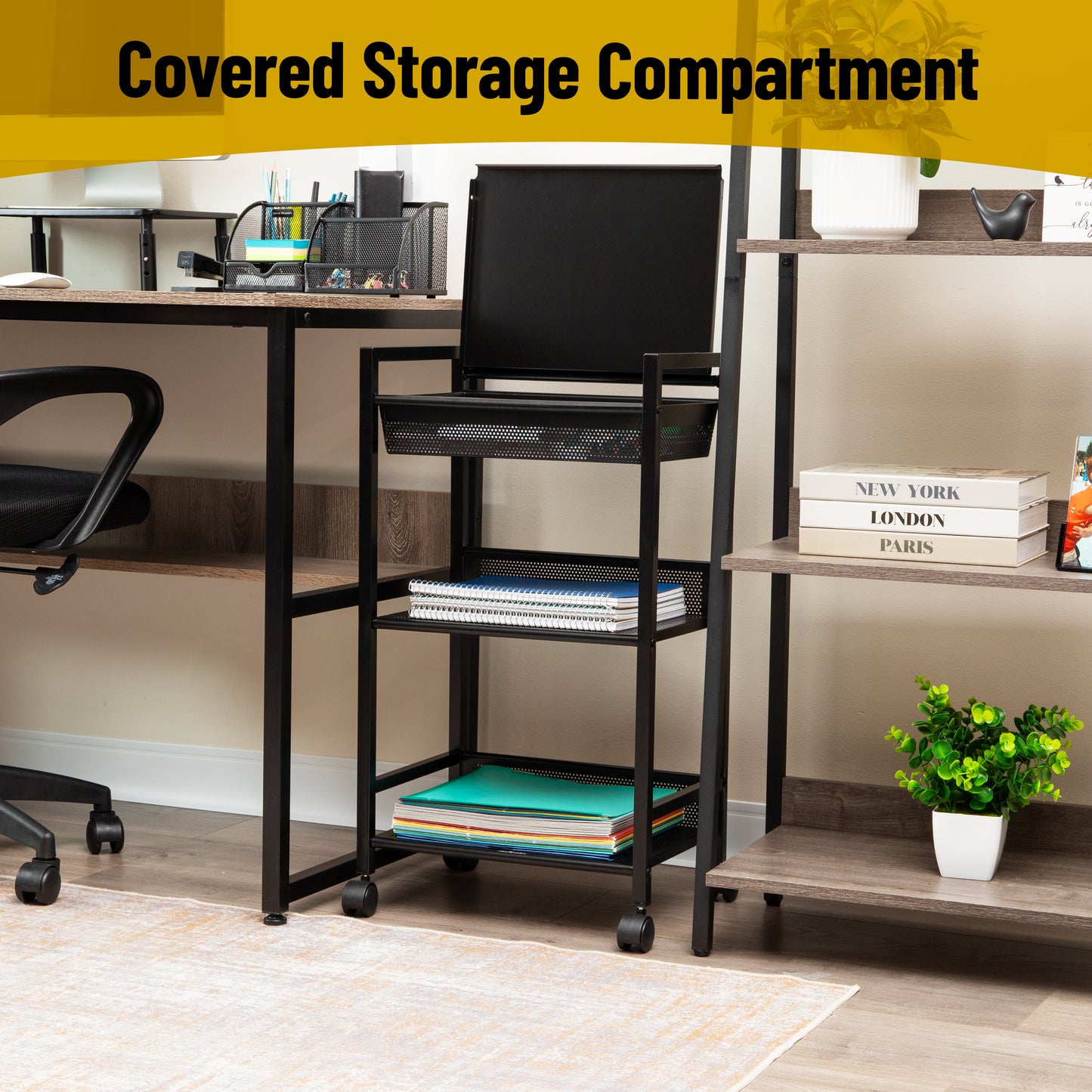 Mind Reader Cart with Covered Compartment, Office Organizer, Storage, 3-Tier, Office, Metal, 15.5"L x 11"W x 28.25"H, Black