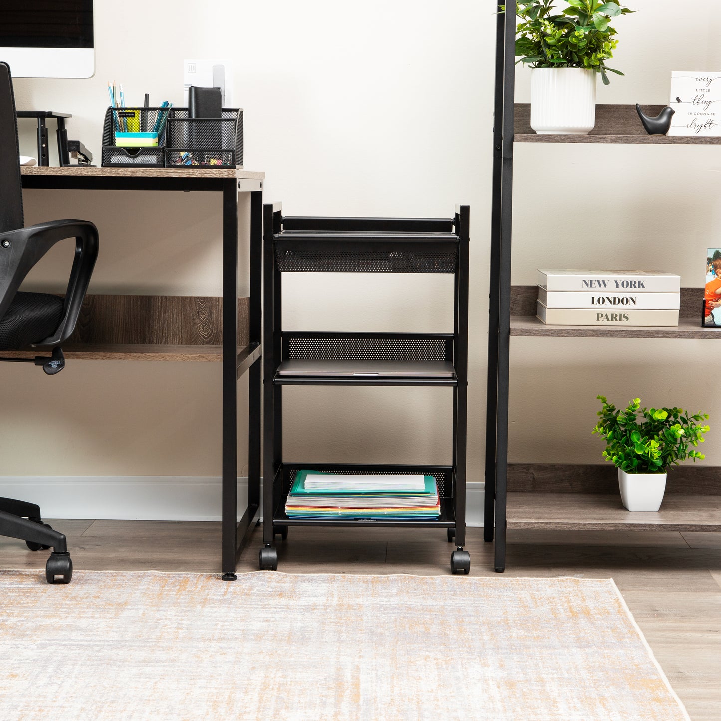 Mind Reader Cart with Covered Compartment, Office Organizer, Storage, 3-Tier, Office, Metal, 15.5"L x 11"W x 28.25"H, Black