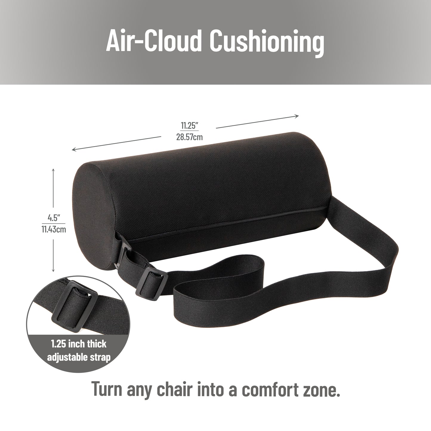 Mind Reader Lumbar Roll Pillow with Air-Cloud Memory Foam, Back, Waist & Hip Support, Breathable Cover & Adjustable Strap, Black