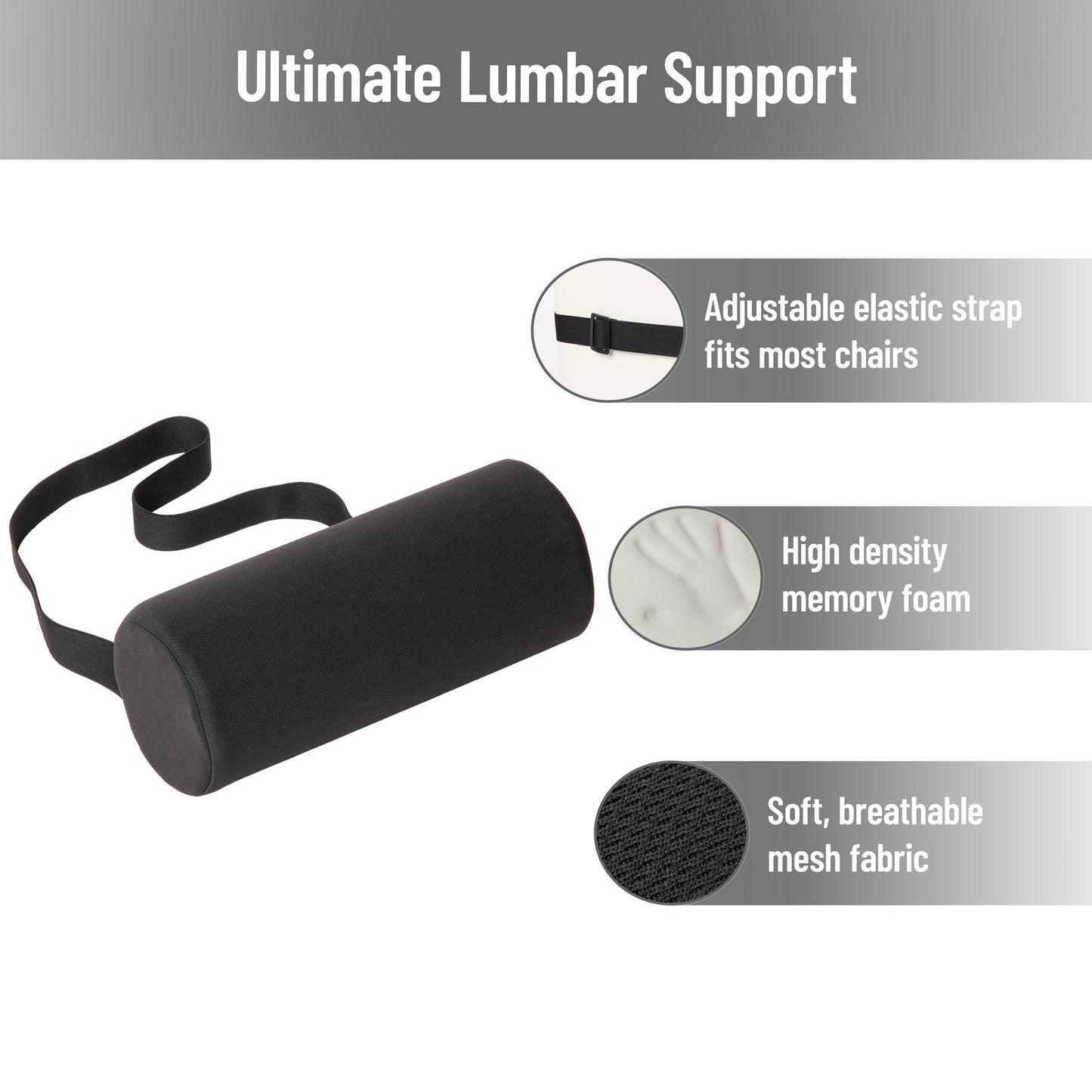 Mind Reader Lumbar Roll Pillow with Air-Cloud Memory Foam, Back, Waist & Hip Support, Breathable Cover & Adjustable Strap, Black