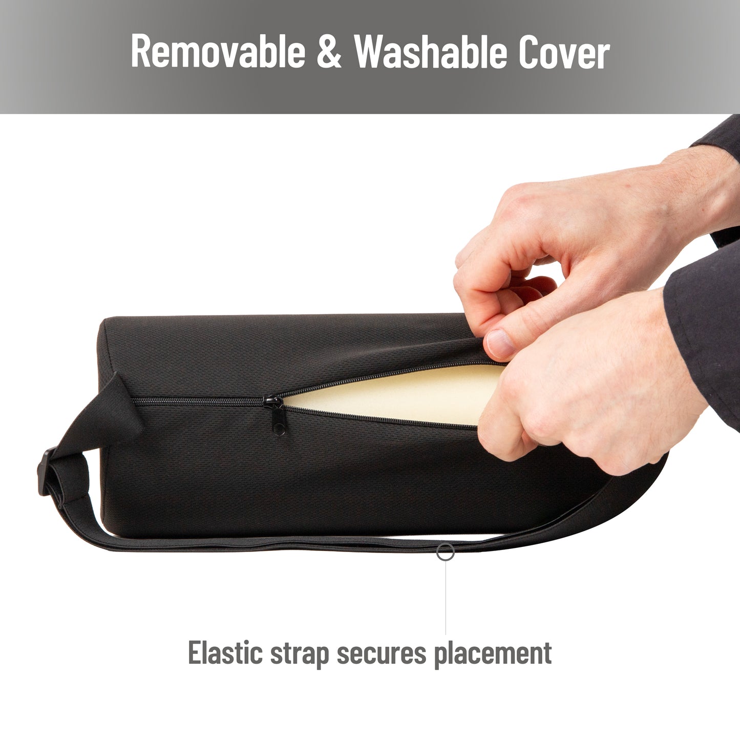 Mind Reader Lumbar Roll Pillow with Air-Cloud Memory Foam, Back, Waist & Hip Support, Breathable Cover & Adjustable Strap, Black