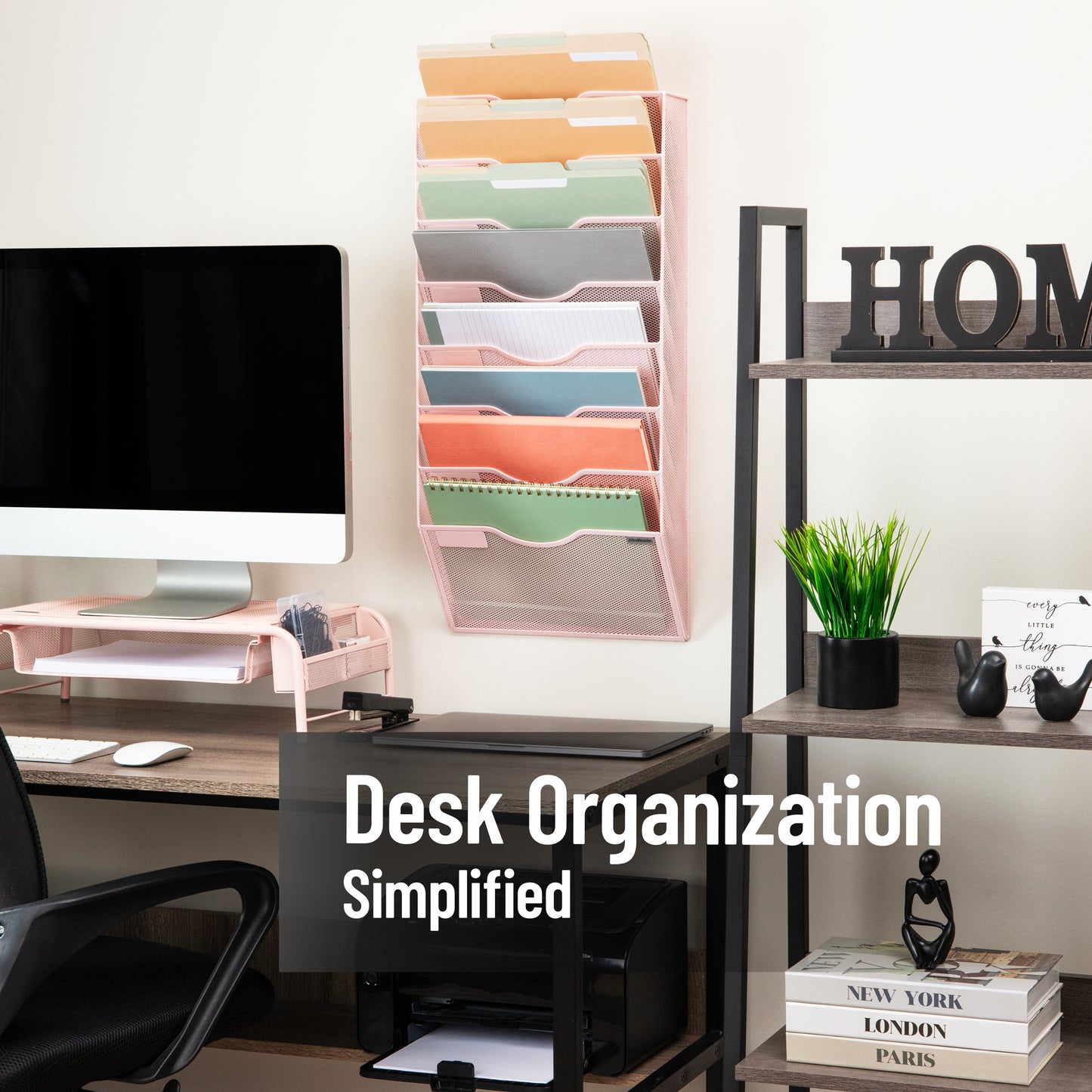 Mind Reader Wall File Organizer, 8 Pocket Hanging Document Rack, Office Wall Mount, Metal Mesh, Pink