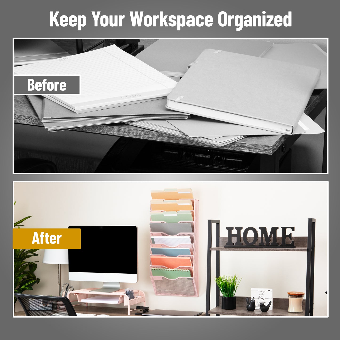 Mind Reader Wall File Organizer, 8 Pocket Hanging Document Rack, Office Wall Mount, Metal Mesh, Pink