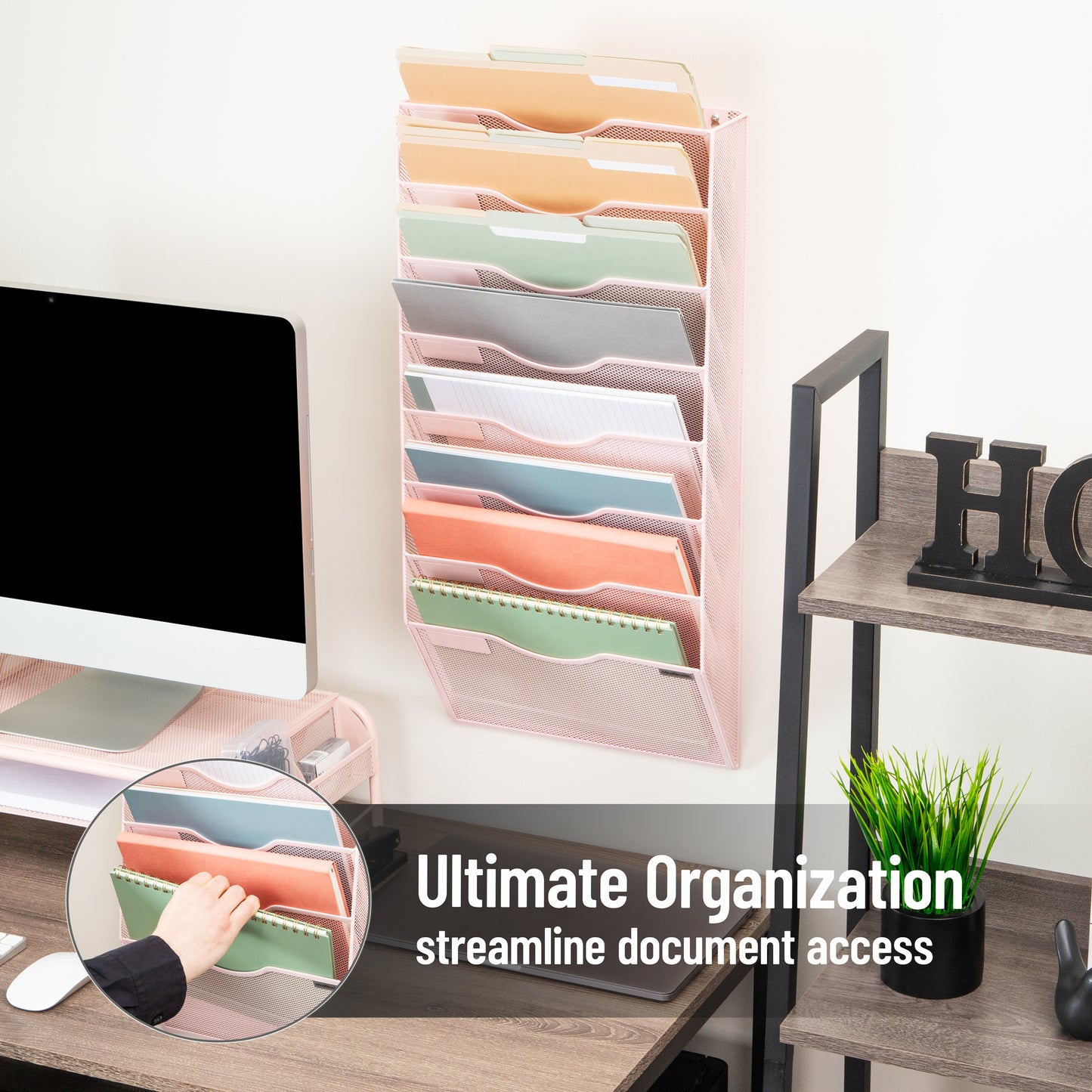 Mind Reader Wall File Organizer, 8 Pocket Hanging Document Rack, Office Wall Mount, Metal Mesh, Pink