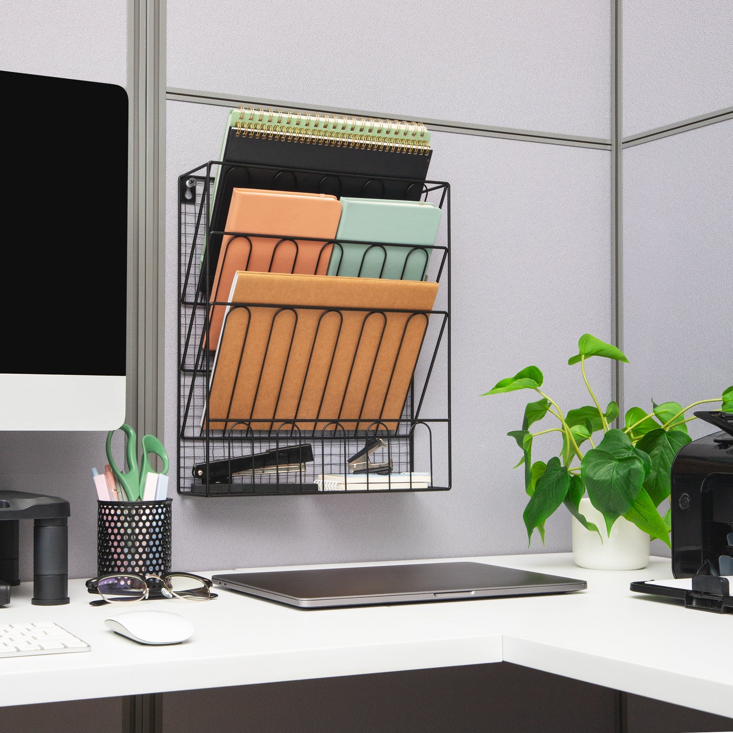 Mind Reader Metal Wire Desktop Organizer, Vertical File Holder , Hooks and Storage Tray, Wall Mount or Desktop, Metal, Black