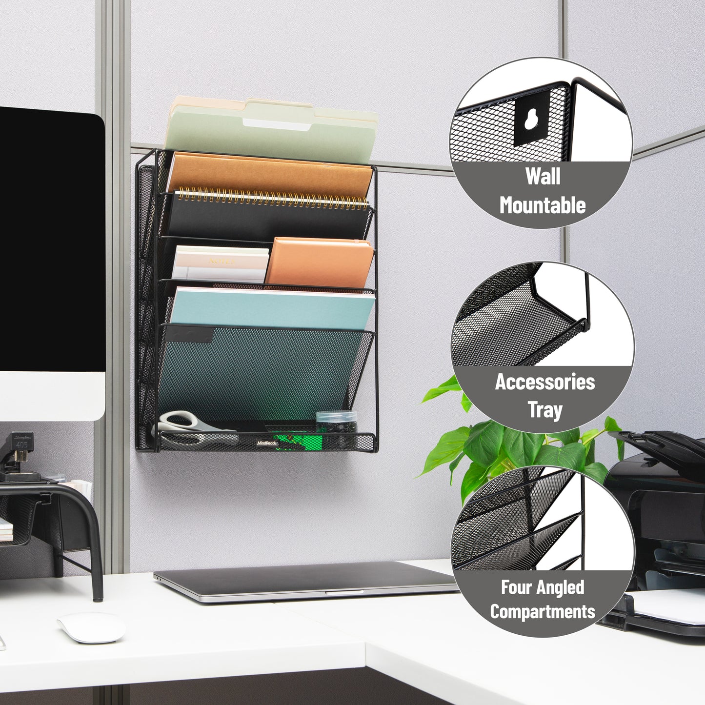 Mind Reader 5-Tier Vertical File Storage, Desktop Organizer, Wall Mount, Office, Metal Mesh, 12.75"L x 4"W x 16"H