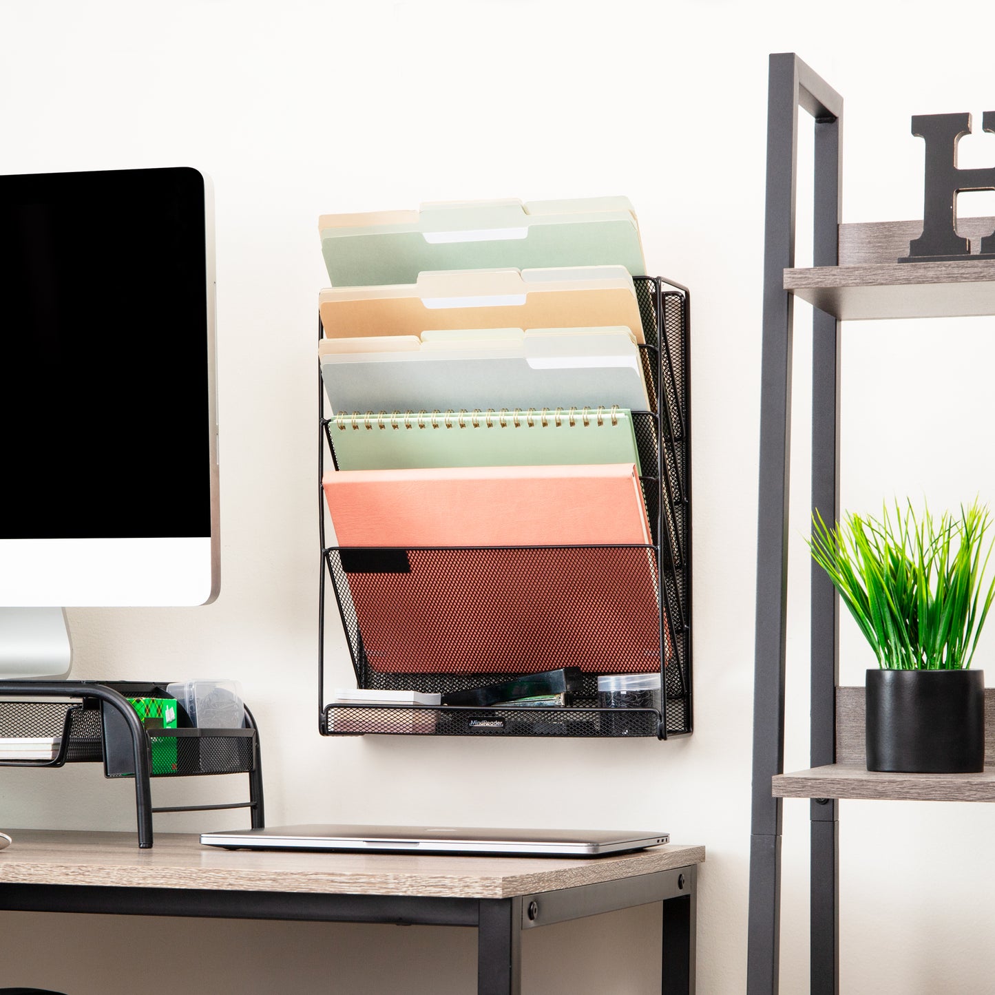 Mind Reader 5-Tier Vertical File Storage, Desktop Organizer, Wall Mount, Office, Metal Mesh, 12.75"L x 4"W x 16"H