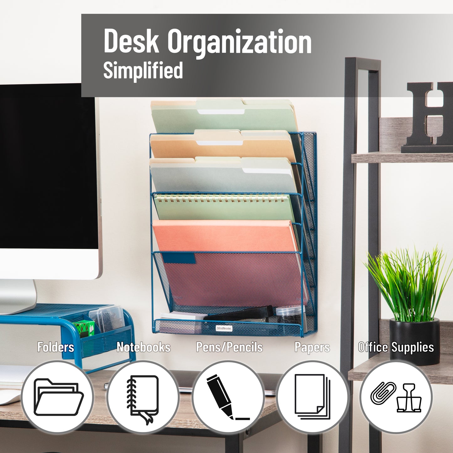 Mind Reader 5-Tier Vertical File Storage, Desktop Organizer, Wall Mount, Office, Metal Mesh, 12.75"L x 4"W x 16"H
