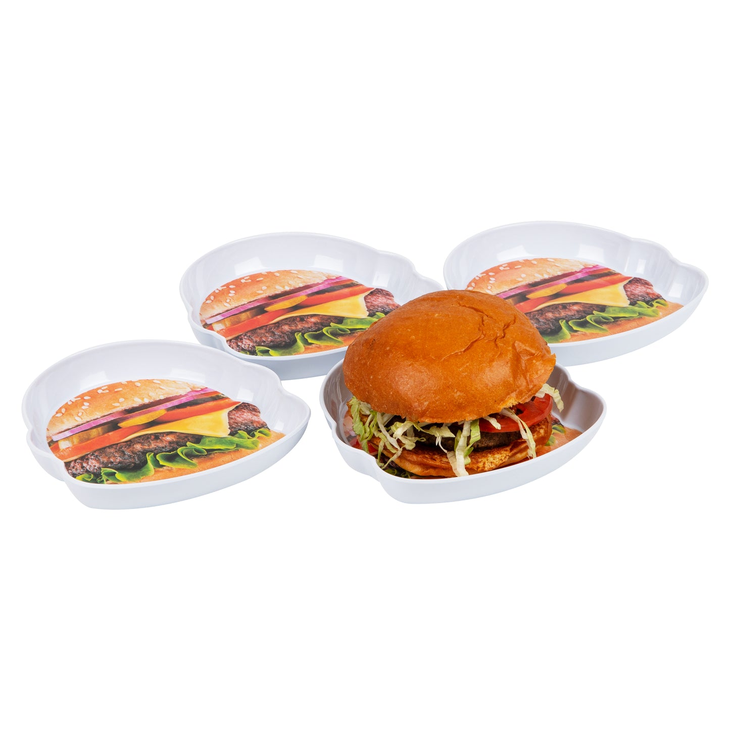 Mind Reader Burger Serving Plate Set, Hosting Essentials, Outdoor Kitchen Accessory, Melamine, 7"L x 7"W x 1"H, 4 pcs, White