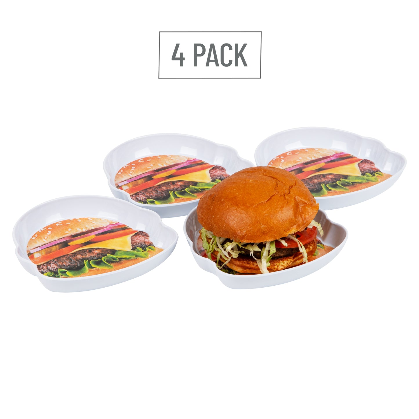 Mind Reader Bon Appetit Collection, Cheeseburger Serving Plates for Parties and BBQs, 4 Piece Set, Melamine, 7"L x 7"W x 1"H, White