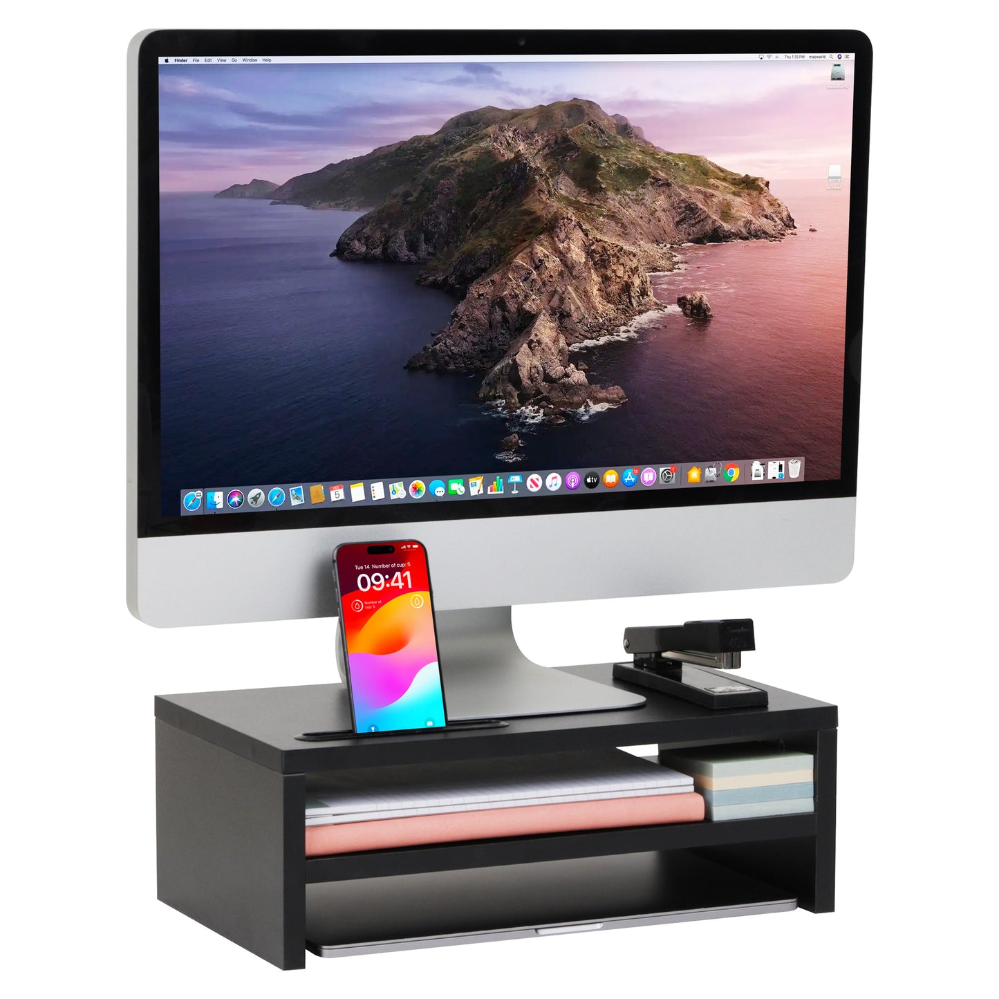 Mind Reader Monitor Stand with Phone Slot and Storage Shelf, Desktop Riser, 88 lb Capacity, MDF Wood, Black