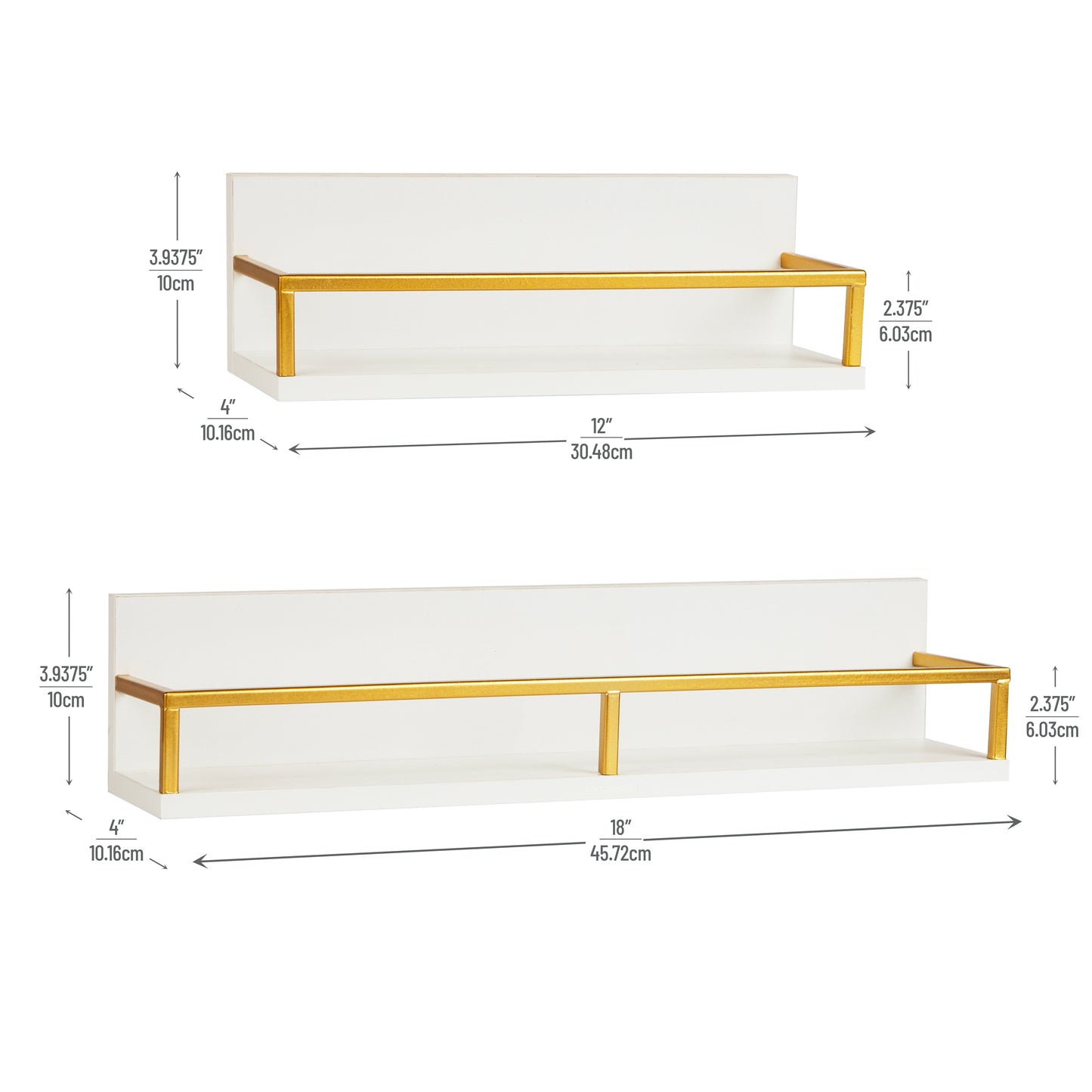 Mind Reader Floating Shelves, Wall-Mounted Office Organizers, Modern MDF Display Storage with Metal Rail, Metal. MDF, Set of 2, White