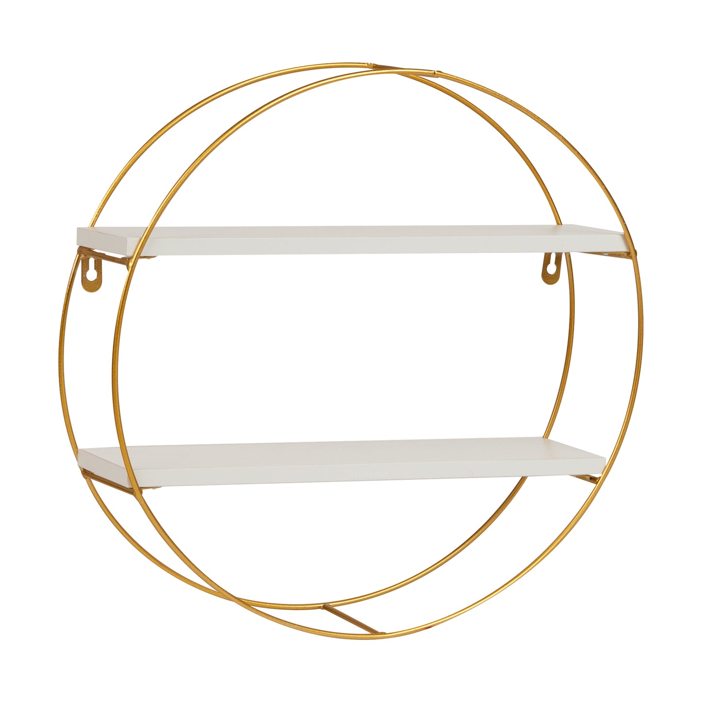 Mind Reader Floating Round Wall Shelves, Gold Metal Frame with Dual White Display Shelves, Decorative Wall-Mounted Organizer for Living Room, Office, or Bathroom, Metal. MDF, White