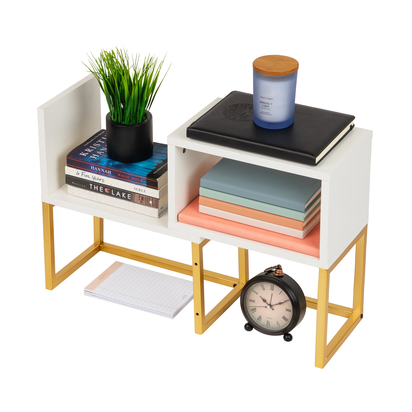 Mind Reader Desktop Bookshelf, 5-Compartment Organizer for Office Desk, Vanity, or Bathroom, Modern Storage Display, Metal. MDF, White