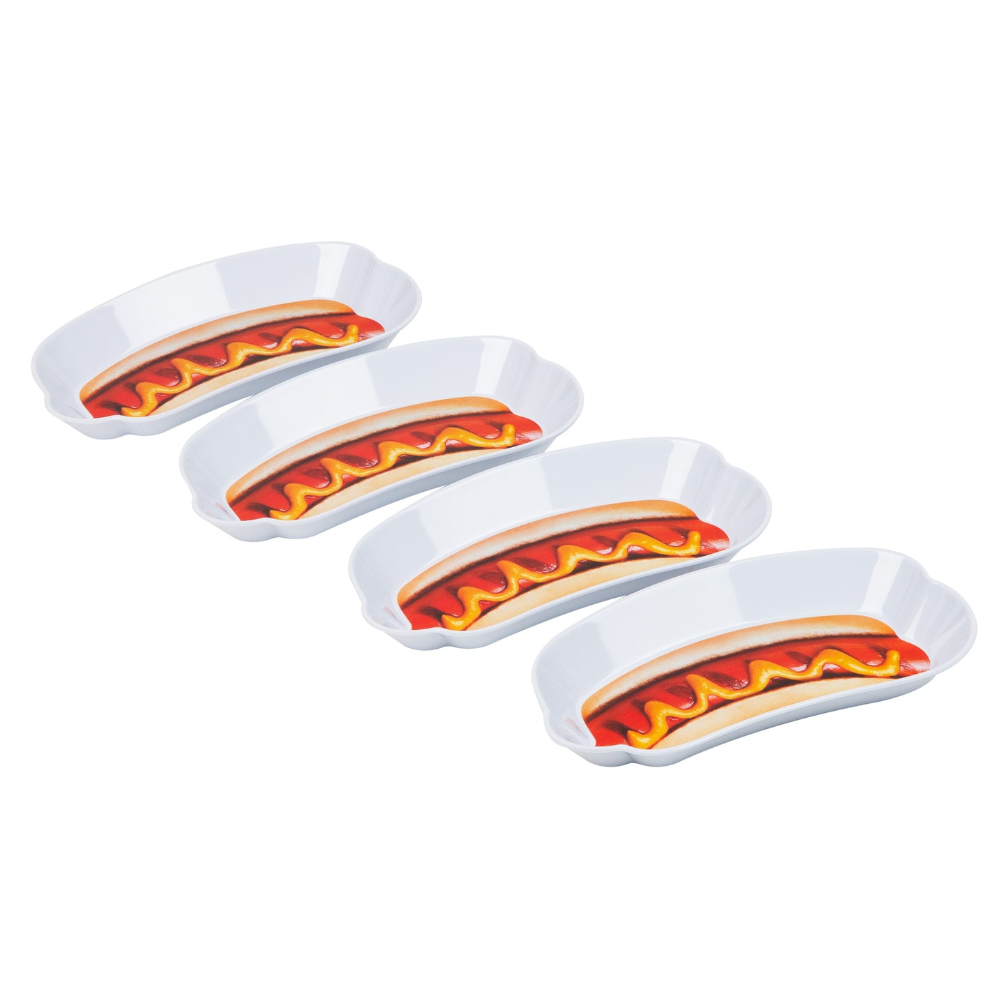 Mind Reader Hot Dog Serving Plate Set, Hosting Essentials, Outdoor Kitchen, Melamine, 8.5"L x 4.5"W x 1"H, 4 pcs, White