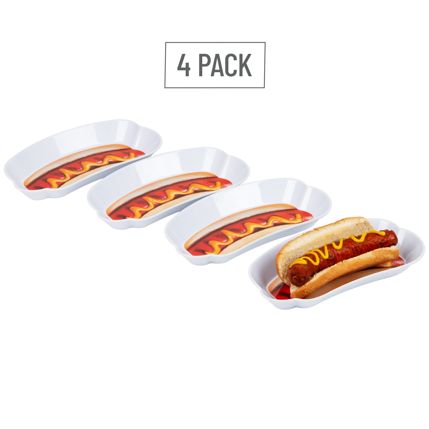 Mind Reader Hot Dog Serving Plate Set, Hosting Essentials, Outdoor Kitchen, Melamine, 8.5"L x 4.5"W x 1"H, 4 pcs, White