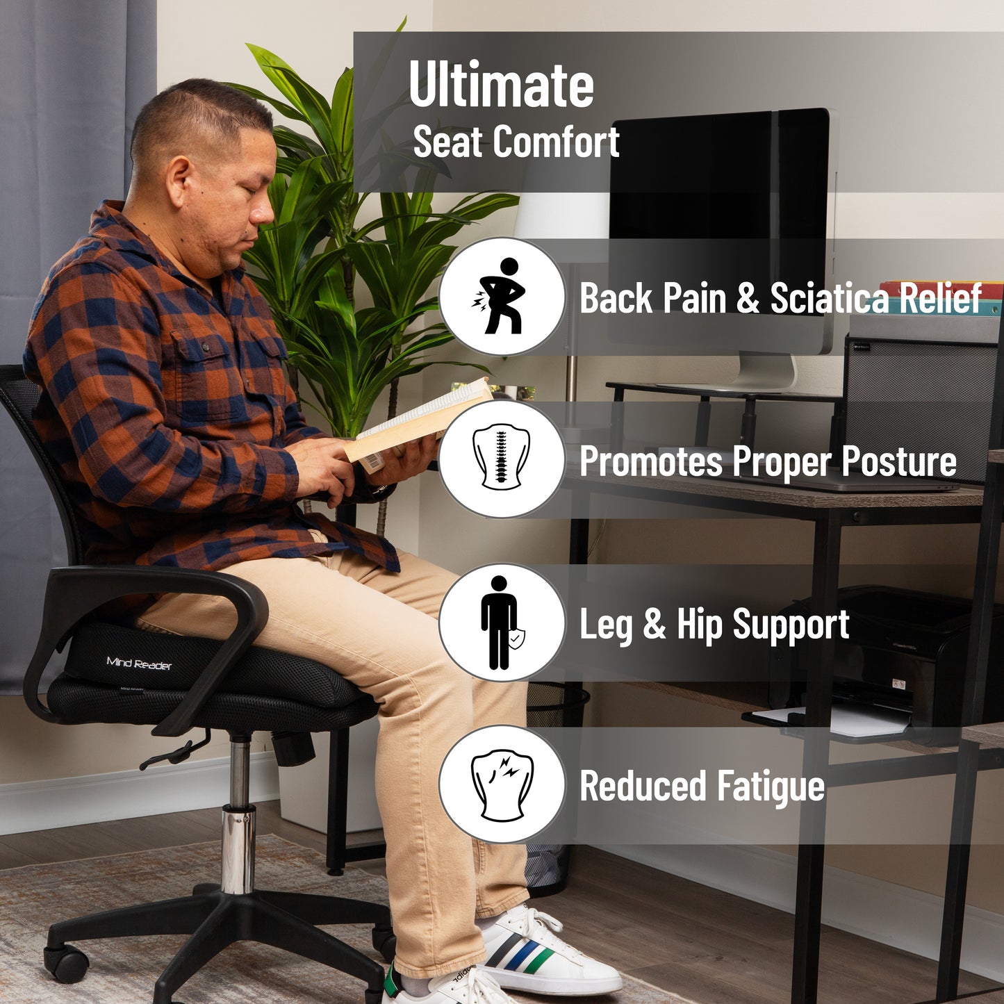 Mind Reader Memory Foam Seat Cushion, Ergonomic Pressure Relief for Office, Car, and More, Relieves Hip, Tailbone, Coccyx & Sciatica Pain, 18"L x 17.5"W x 3"H, Black