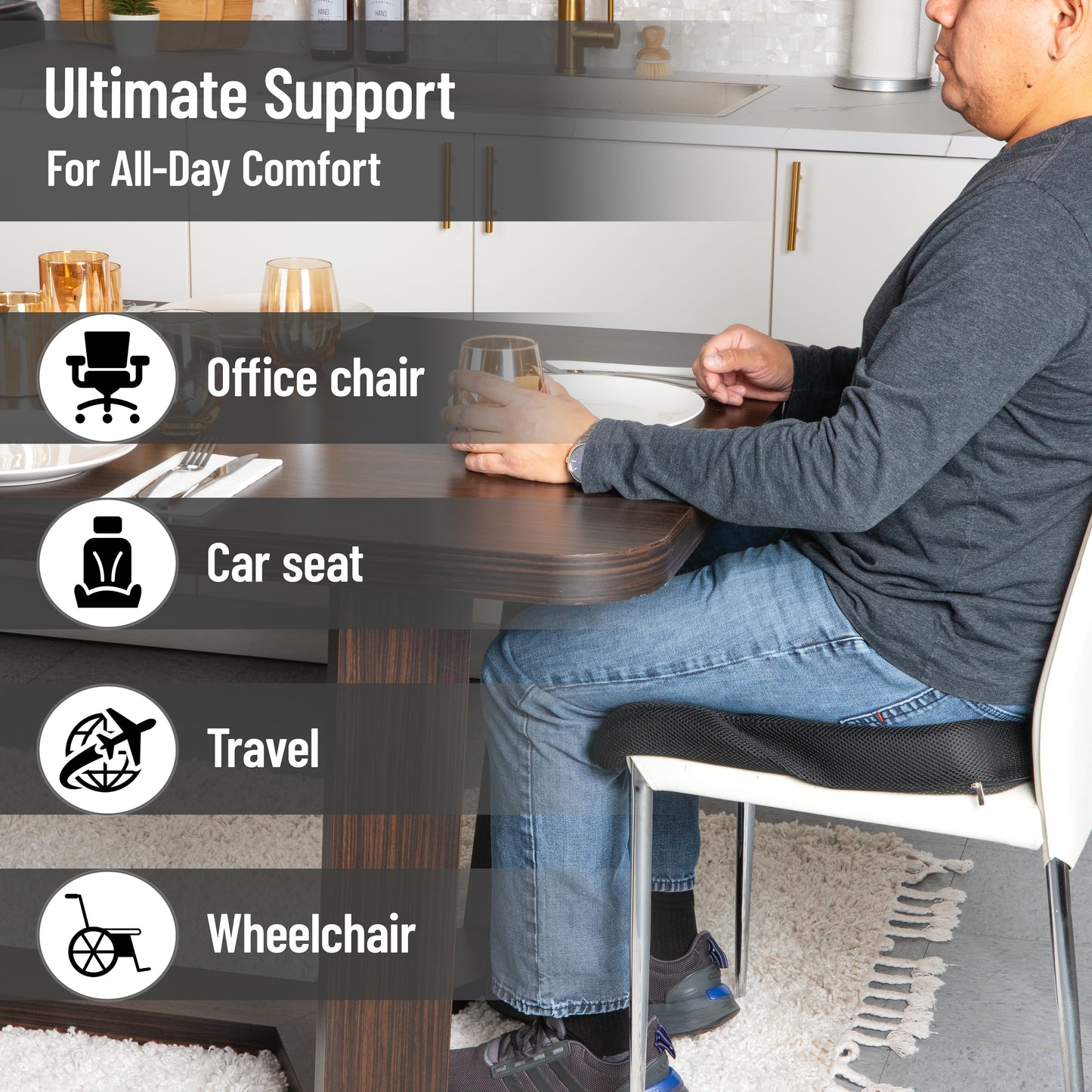 Mind Reader Memory Foam Seat Cushion, Ergonomic Pressure Relief for Office, Car, and More, Relieves Hip, Tailbone, Coccyx & Sciatica Pain, 18"L x 17.5"W x 3"H, Black