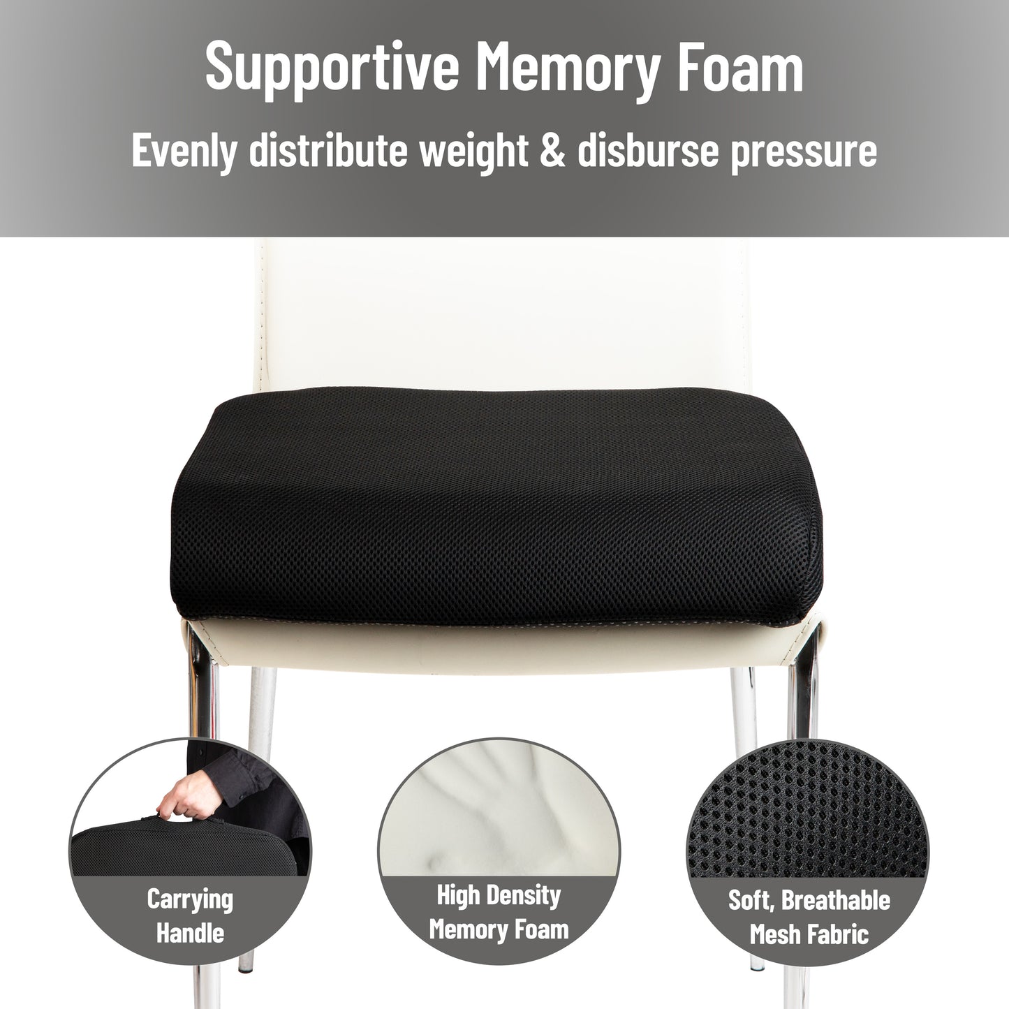 Mind Reader Memory Foam Seat Cushion, Ergonomic Pressure Relief for Office, Car, and More, Relieves Hip, Tailbone, Coccyx & Sciatica Pain, 18"L x 17.5"W x 3"H, Black