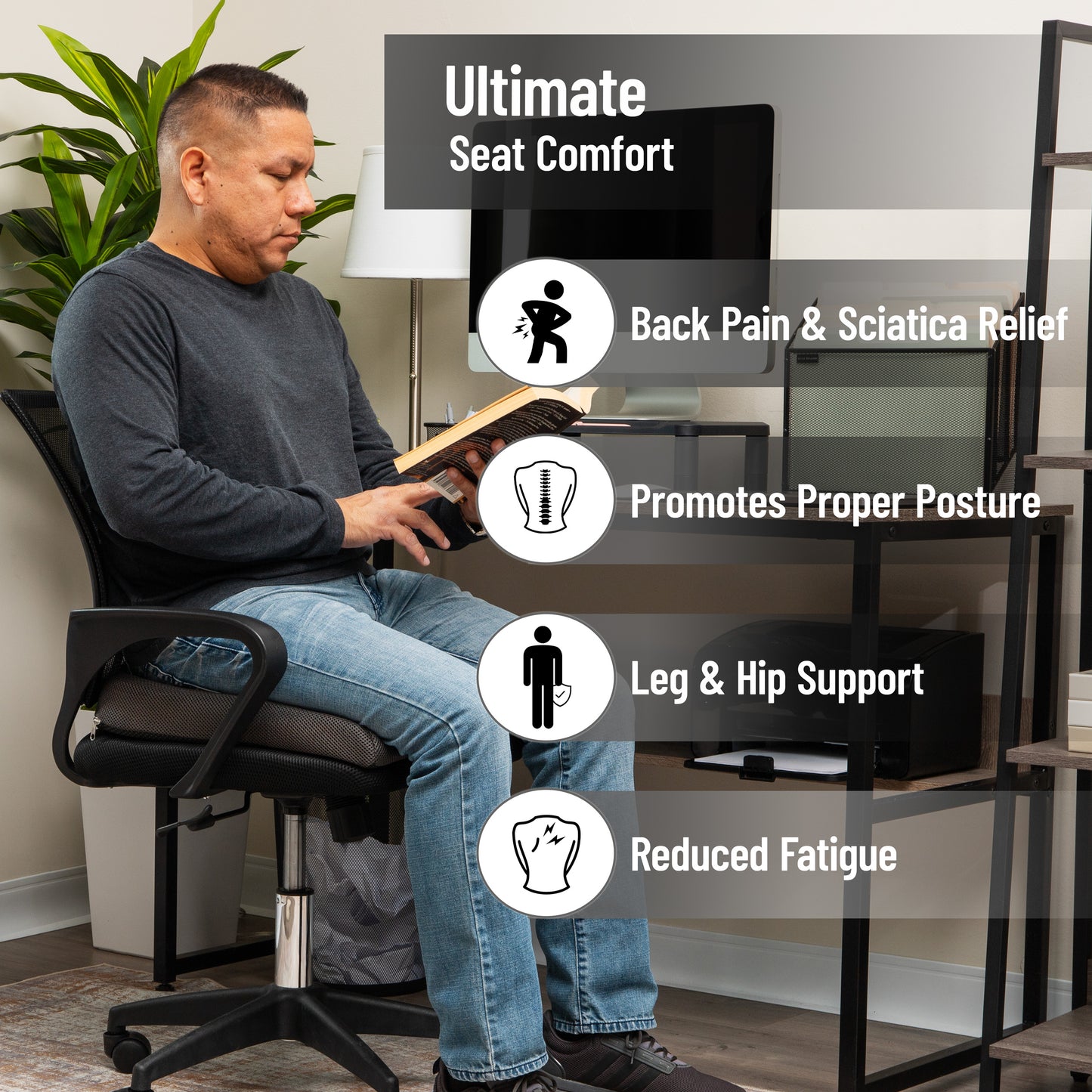 Mind Reader Memory Foam Seat Cushion, Ergonomic Pressure Relief for Office, Car, and More, Relieves Hip, Tailbone, Coccyx & Sciatica Pain, 18"L x 17.5"W x 3"H, Black