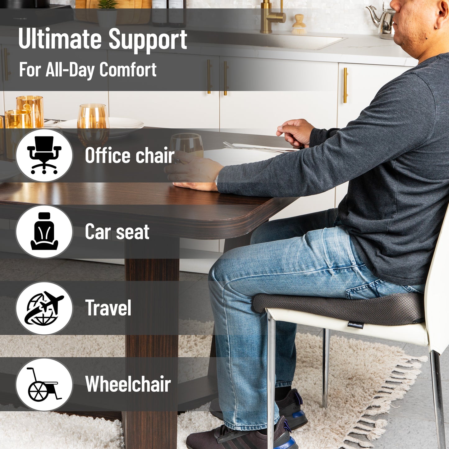 Mind Reader Memory Foam Seat Cushion, Ergonomic Pressure Relief for Office, Car, and More, Relieves Hip, Tailbone, Coccyx & Sciatica Pain, 18"L x 17.5"W x 3"H, Black