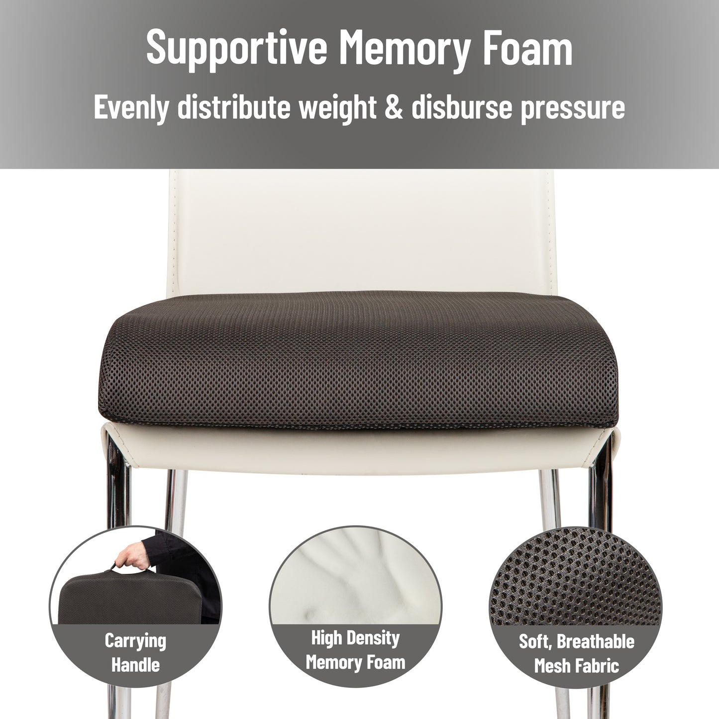 Mind Reader Memory Foam Seat Cushion, Ergonomic Pressure Relief for Office, Car, and More, Relieves Hip, Tailbone, Coccyx & Sciatica Pain, 18"L x 17.5"W x 3"H, Black