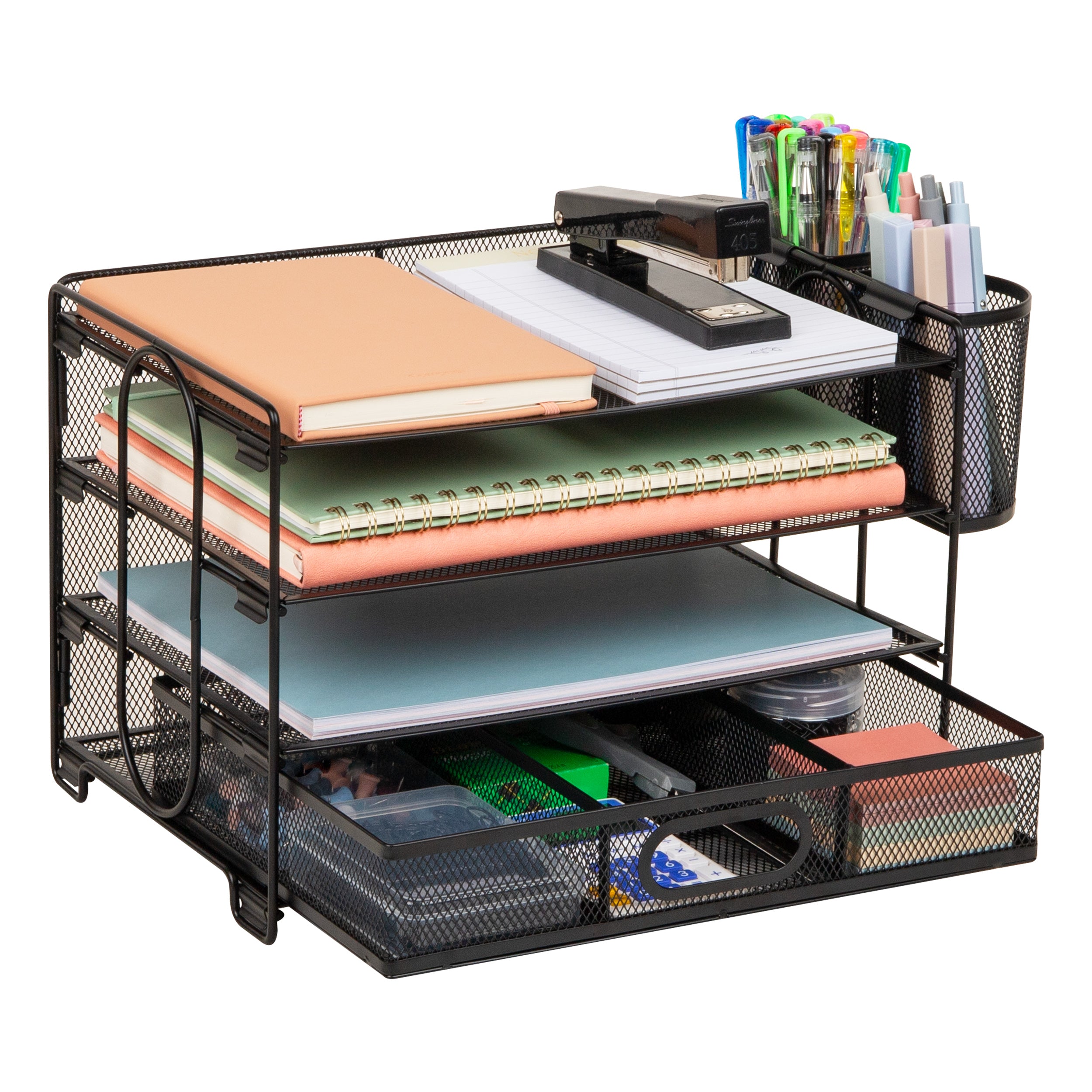 Mind Reader Mesh Desk Organizer, 3 Trays, 1 Drawer, 2 Pen  Black Mesh Desk Organizer Set - Pen Cups, Tray & File Sorter main image 1