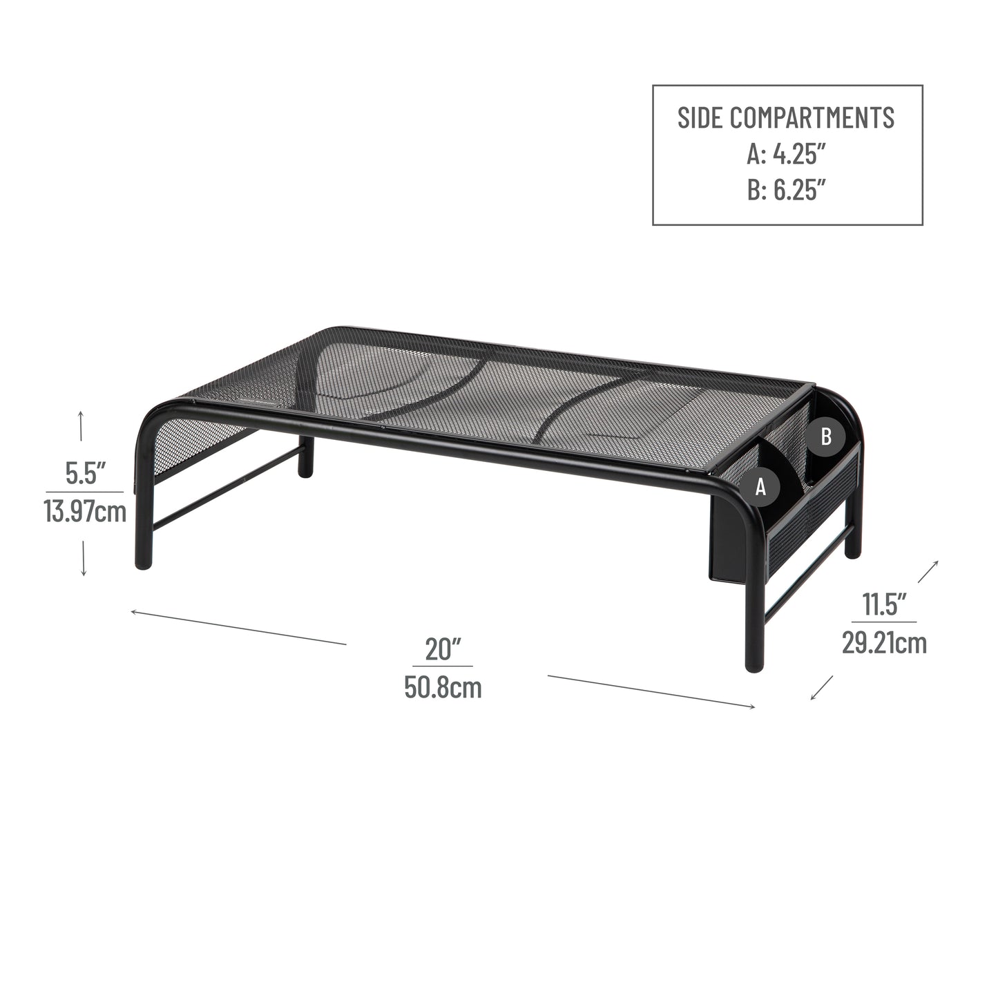 Mind Reader Monitor Stand, Ventilated Laptop Riser, Desktop Organizer, Side Storage, Metal Mesh, 20"L x 11.5"W x 5.5"H