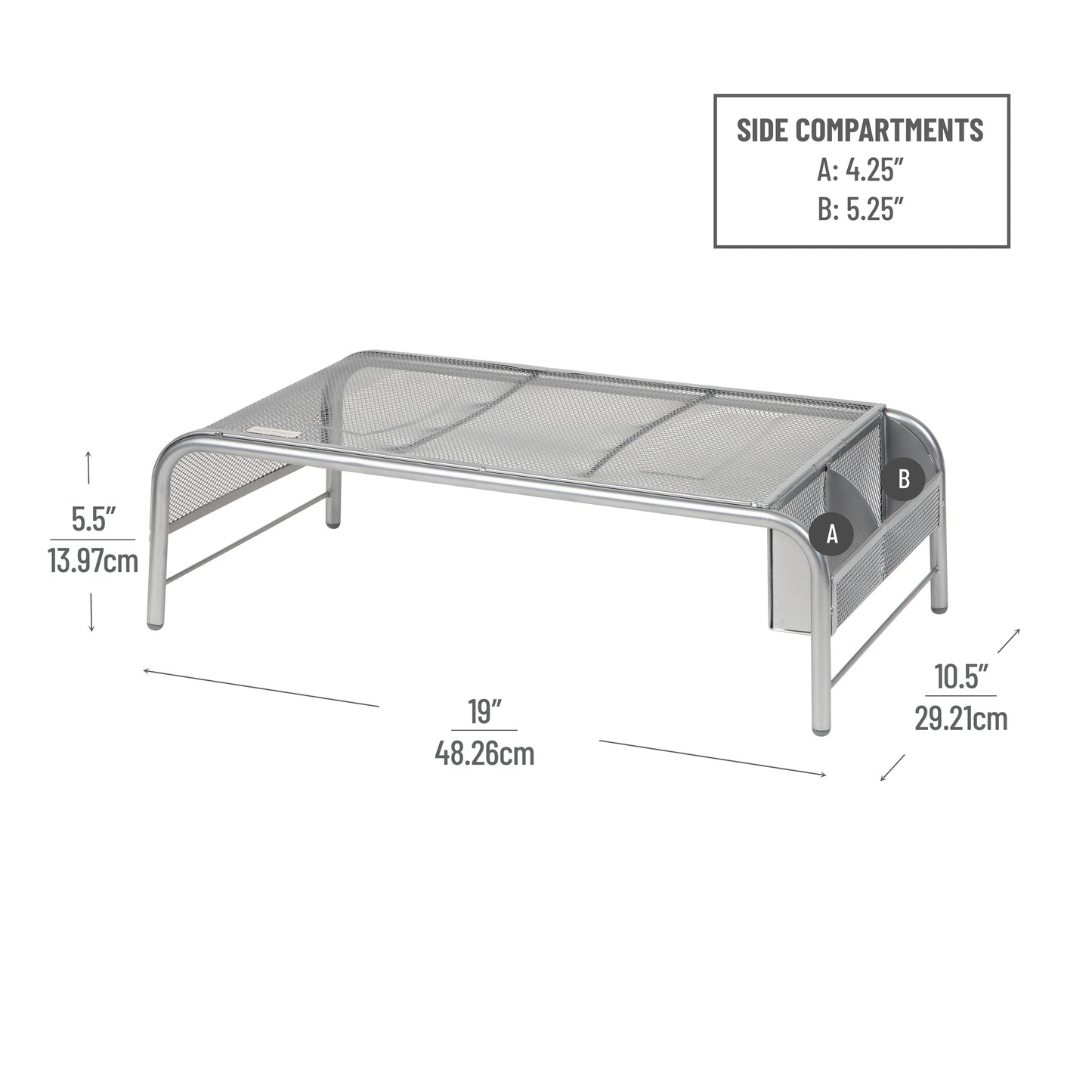 Mind Reader Monitor Stand, Ventilated Laptop Riser, Desktop Organizer, Side Storage, Metal Mesh, 20"L x 11.5"W x 5.5"H