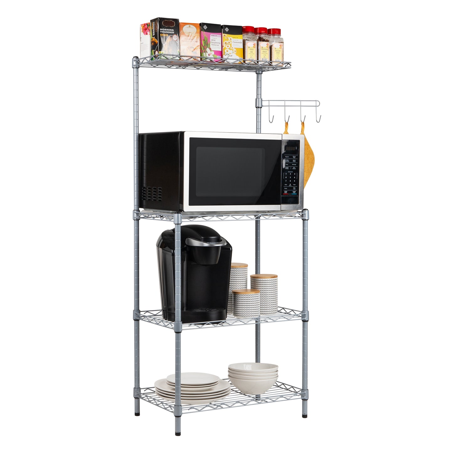 Mind Reader Alloy Collection, 3-Tier Industrial Microwave Stand with Utility Shelf and Drying Hooks, Metal, 21.25"L x 13.5"W x 50"H, Silver
