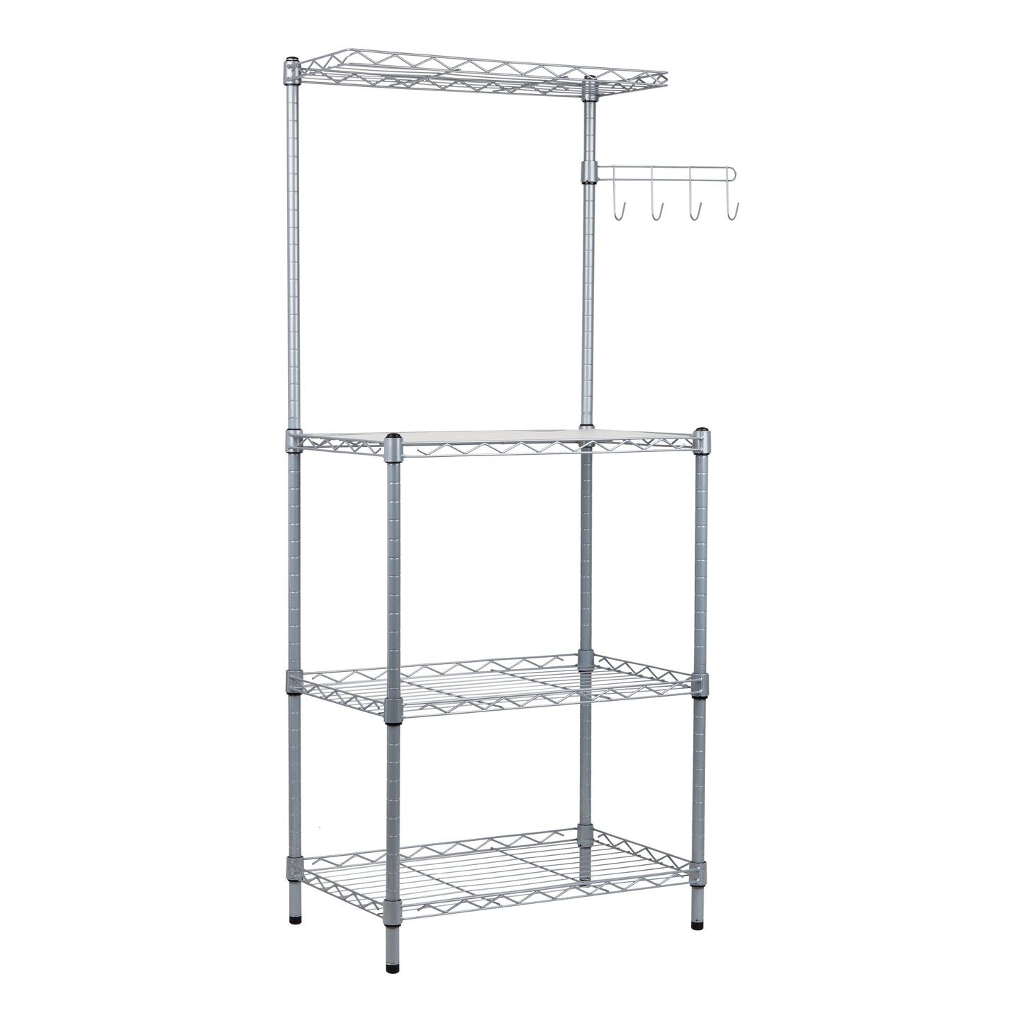 Mind Reader Alloy Collection, 3-Tier Industrial Microwave Stand with Utility Shelf and Drying Hooks, Metal, 21.25"L x 13.5"W x 50"H, Silver