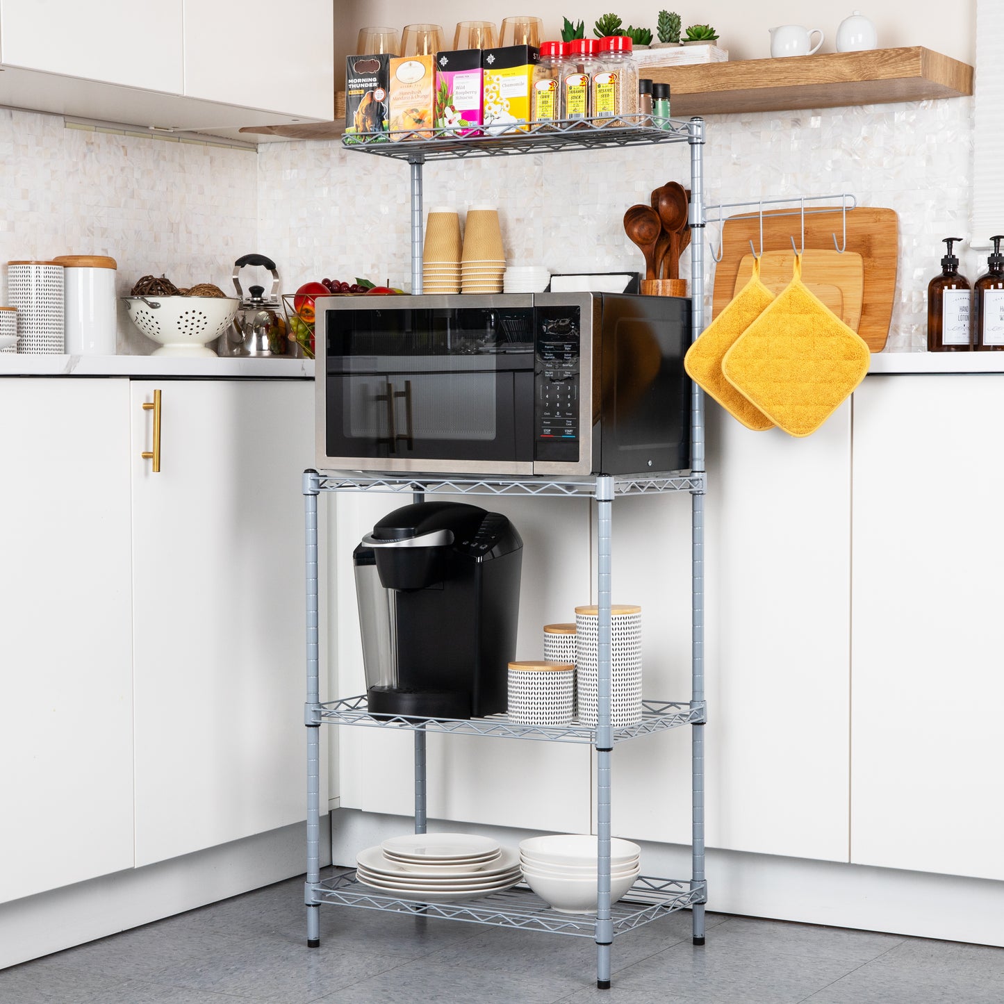Mind Reader Alloy Collection, 3-Tier Industrial Microwave Stand with Utility Shelf and Drying Hooks, Metal, 21.25"L x 13.5"W x 50"H, Silver