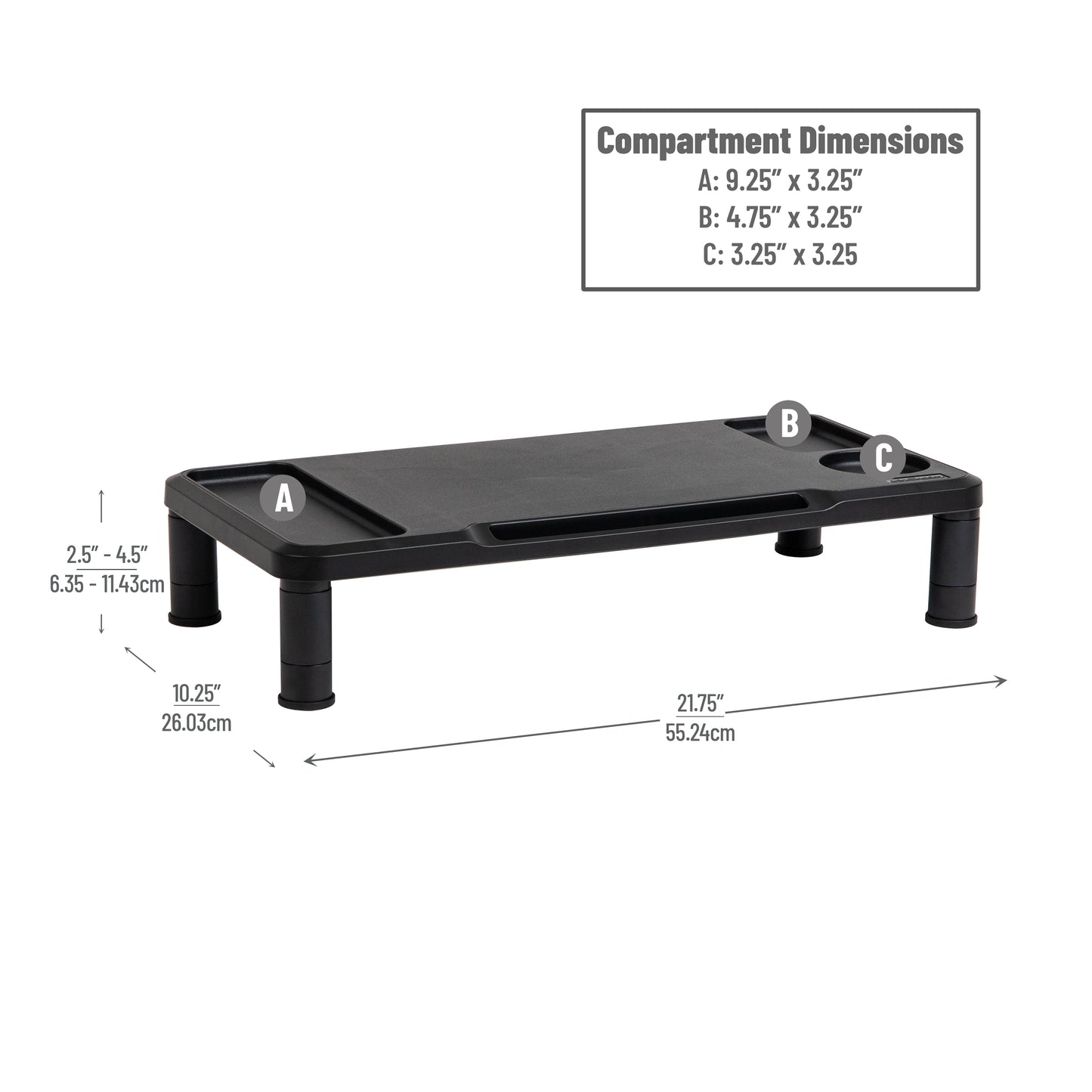 Mind Reader Monitor Stand, Laptop Riser, Desktop Organizer, Office, Plastic, 21.75"L x 10.25"W x 4.5"H, Black