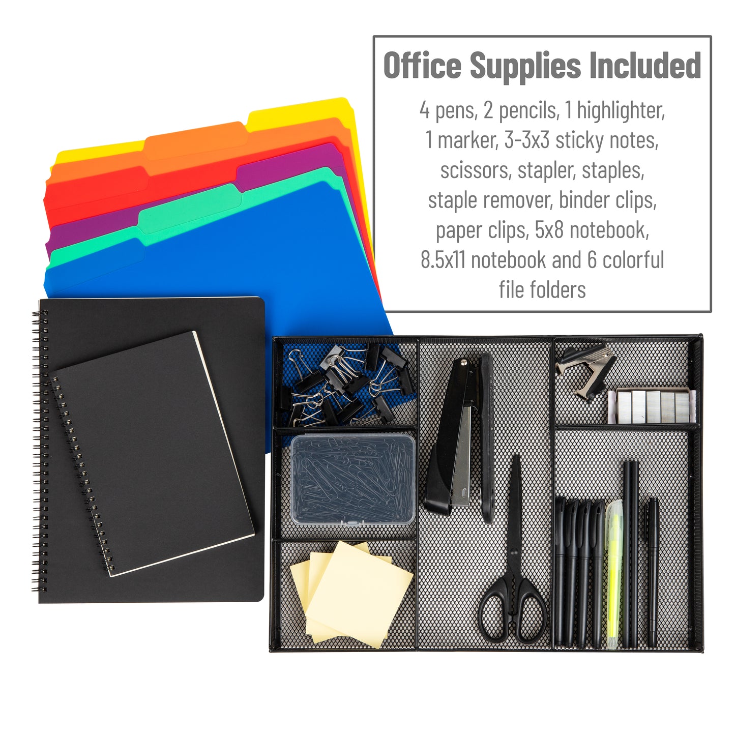 Mind Reader New Employee Starter Kit, Monitor Stand and 25 Pc. Office Supply, Storage, Metal Mesh, 15.75"L x 11.75"W x 4.5"H, Black