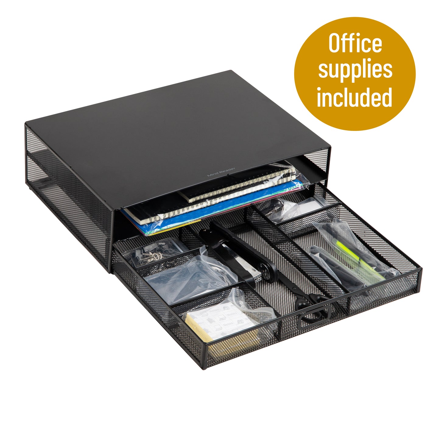 Mind Reader New Employee Starter Kit, Monitor Stand and 25 Pc. Office Supply, Storage, Metal Mesh, 15.75"L x 11.75"W x 4.5"H, Black