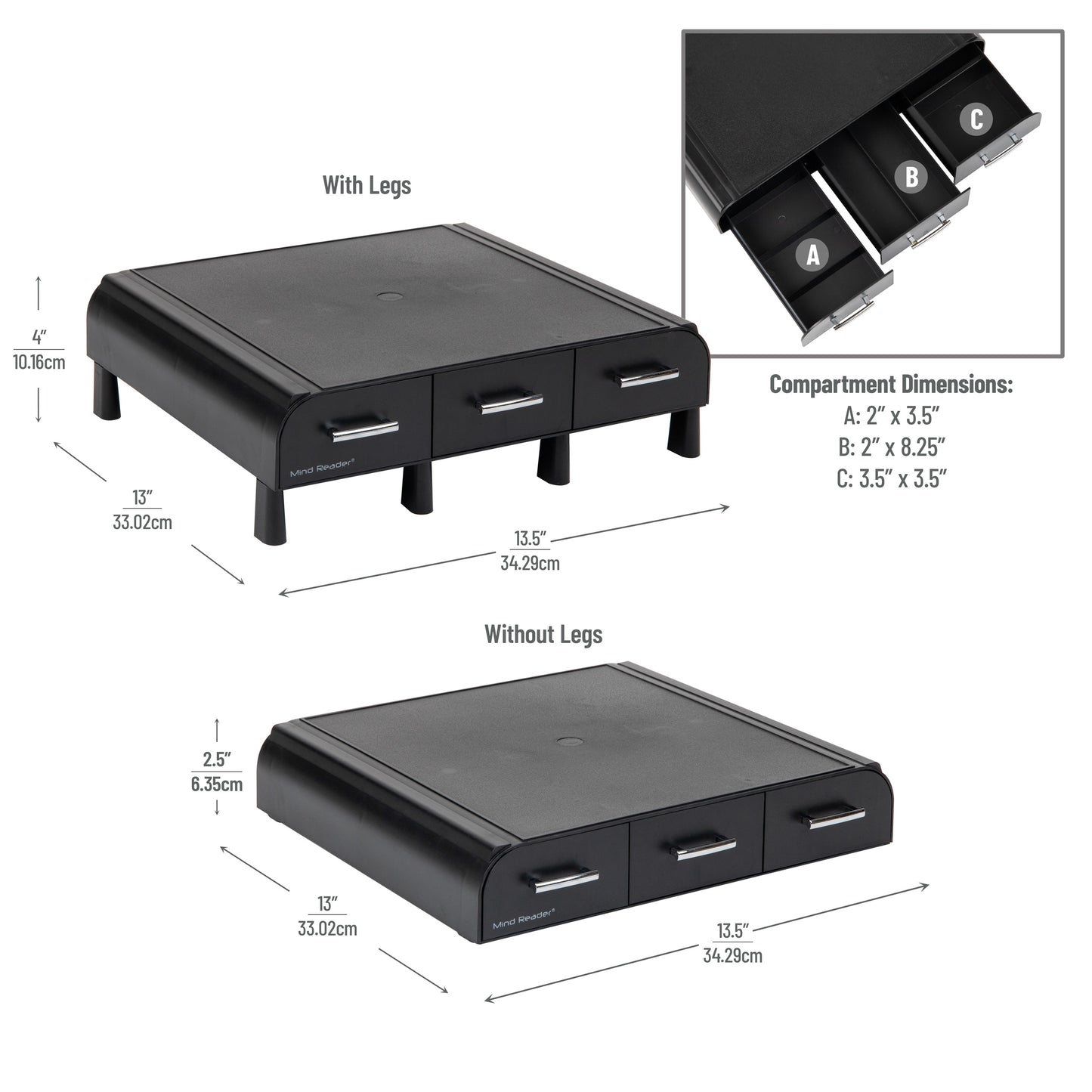 Mind Reader Monitor Stand, 3 Storage Drawers, Desktop Organizer, Riser, Office, 13.5"L x 13"W x 4"H